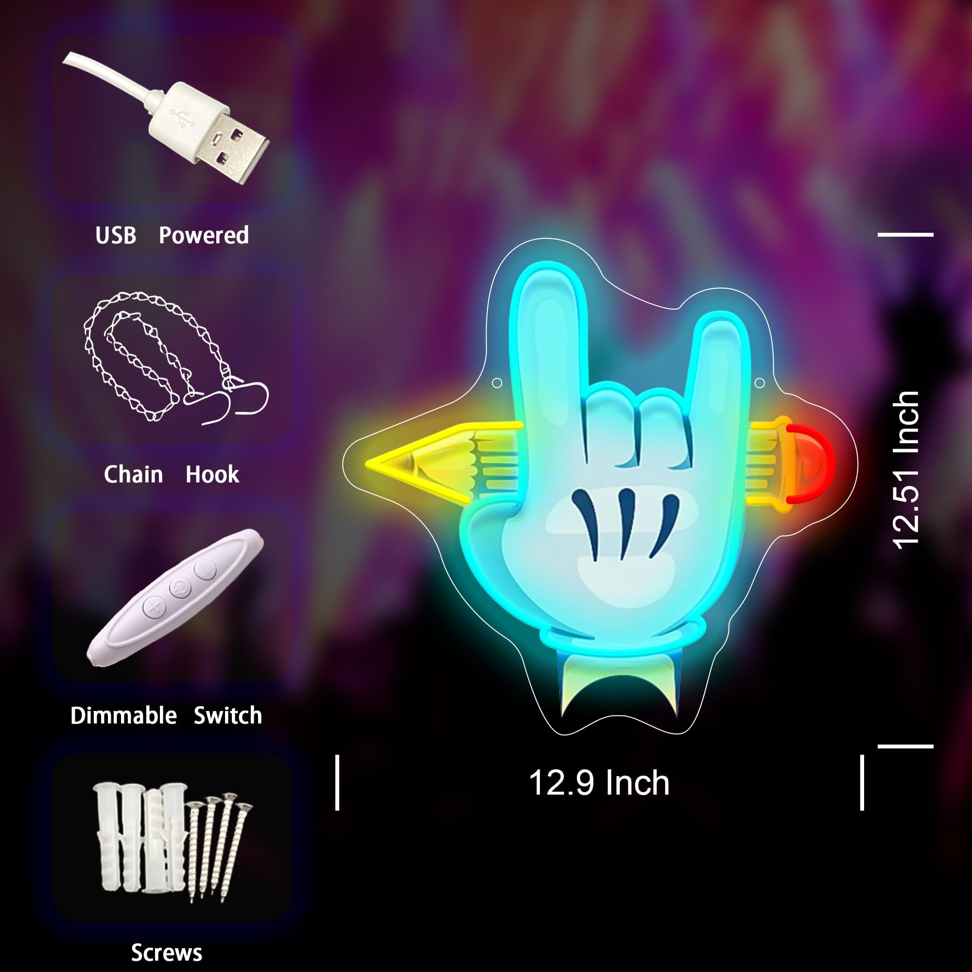 Rock Hand LED Neon Sign USB Powered for Wall Decor, Matita Neon Night Light Sign dimmerabile per la decorazione della stanza del partito della musica Regali di compleanno