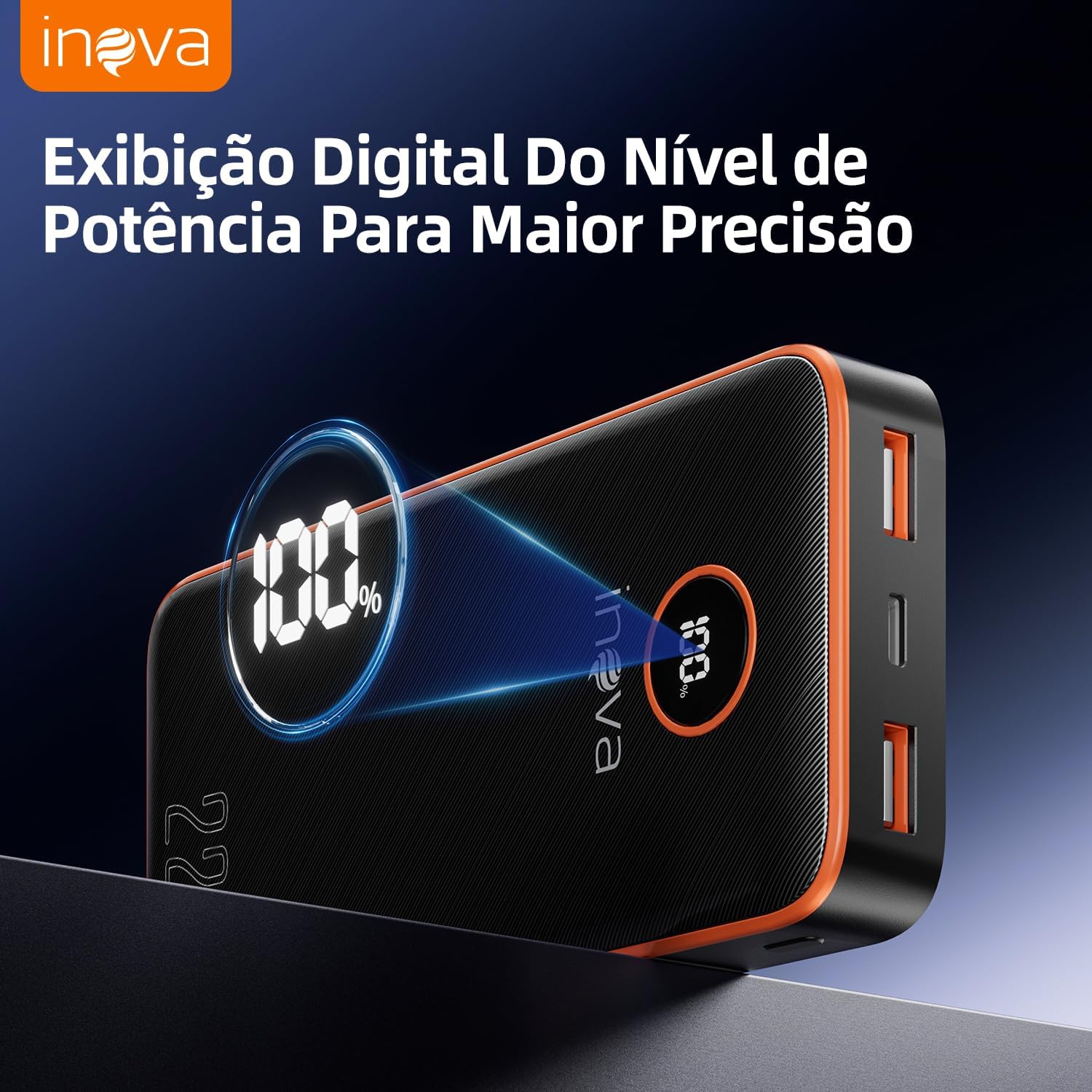 Power Bank Carregador Portátil 20000mAh com Carga Rápida, Led Indicador de Bateria, Bateria Portatil para Dispositivos iOS e Android, USB, Type-C, Preto