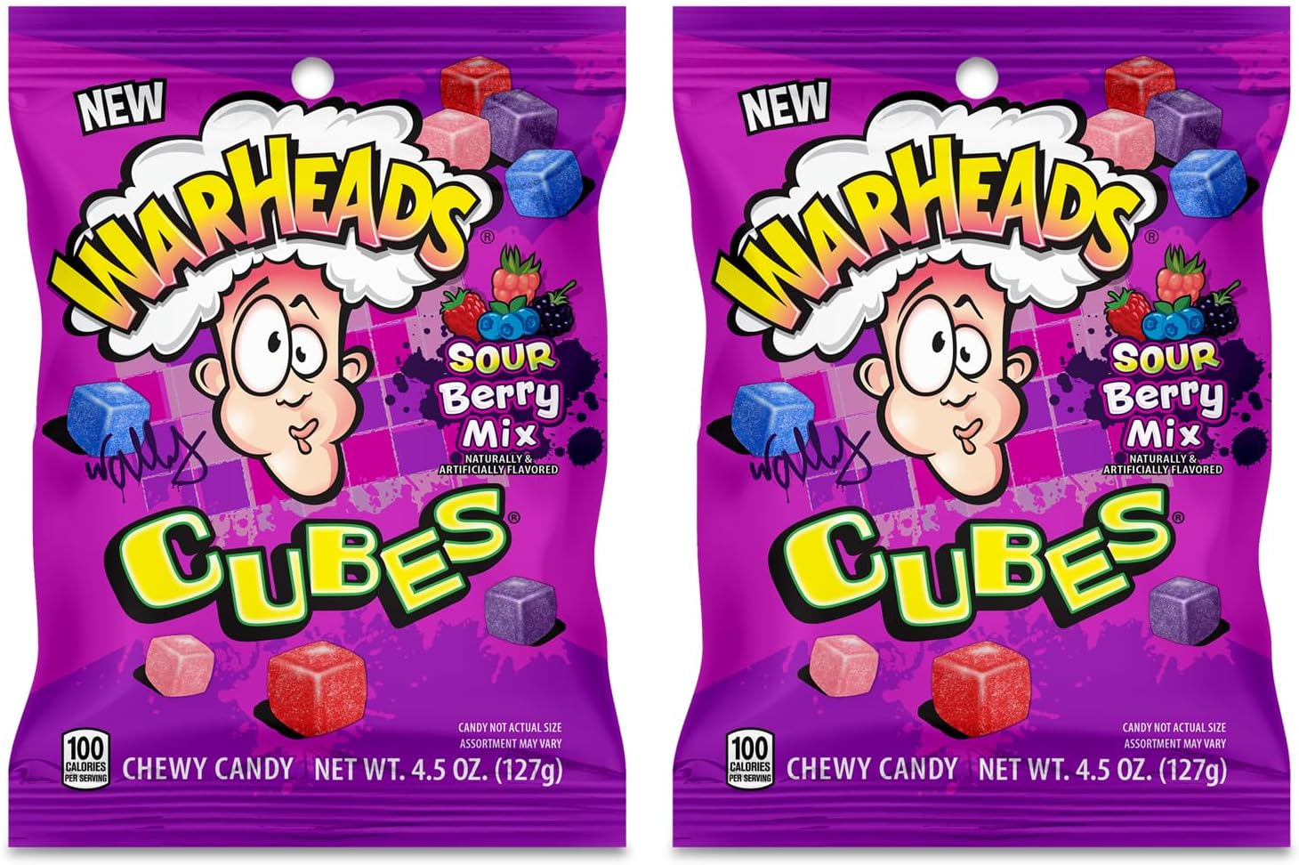 WARHEADS Berry Cubes - Sour, Sweet Berry Mix - Wildberry, Cloudberry, Blueberry, & Sourberry Flavors - 4.5 oz. Bags - 2 Pack