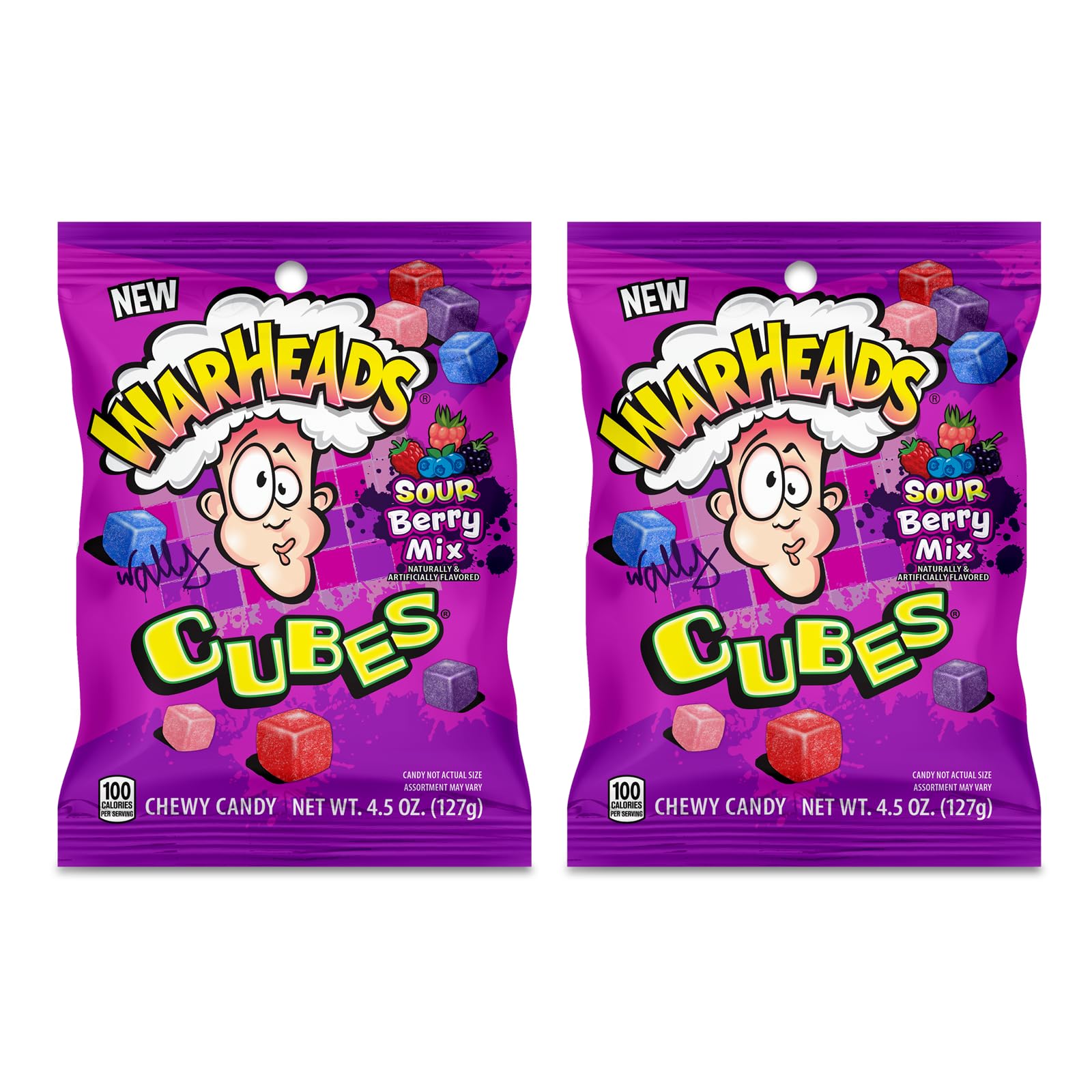 WARHEADS Berry Cubes - Sour, Sweet Berry Mix - Wildberry, Cloudberry, Blueberry, & Sourberry Flavors - 4.5 oz. Bags - 2 Pack