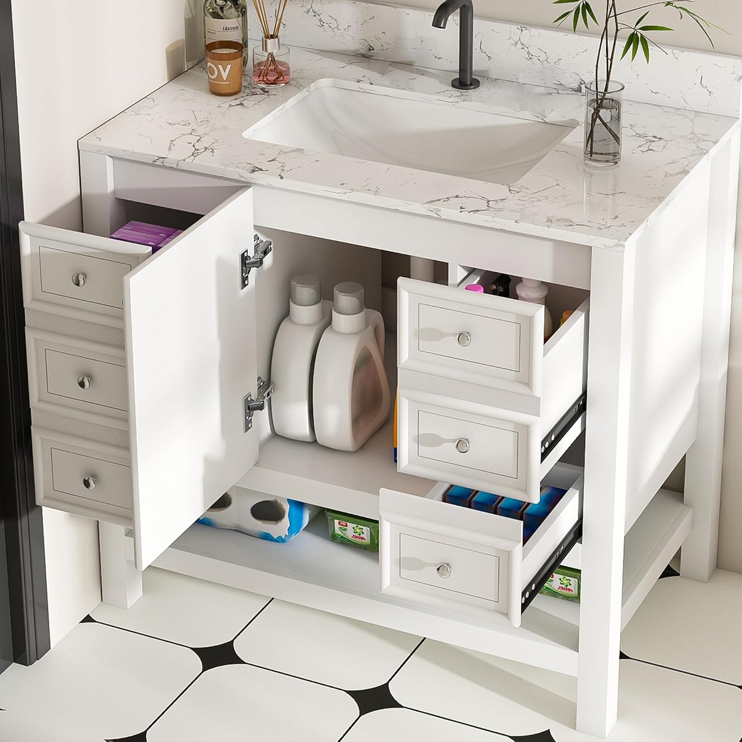 37" Bathroom Vanity with Sintered Stone Countertop, Solid Wood Frame Bathroom Storage Cabinet, Carrara White Vanity Top Set with Doors and Drawer (Carrara White, 37" Single Hole)