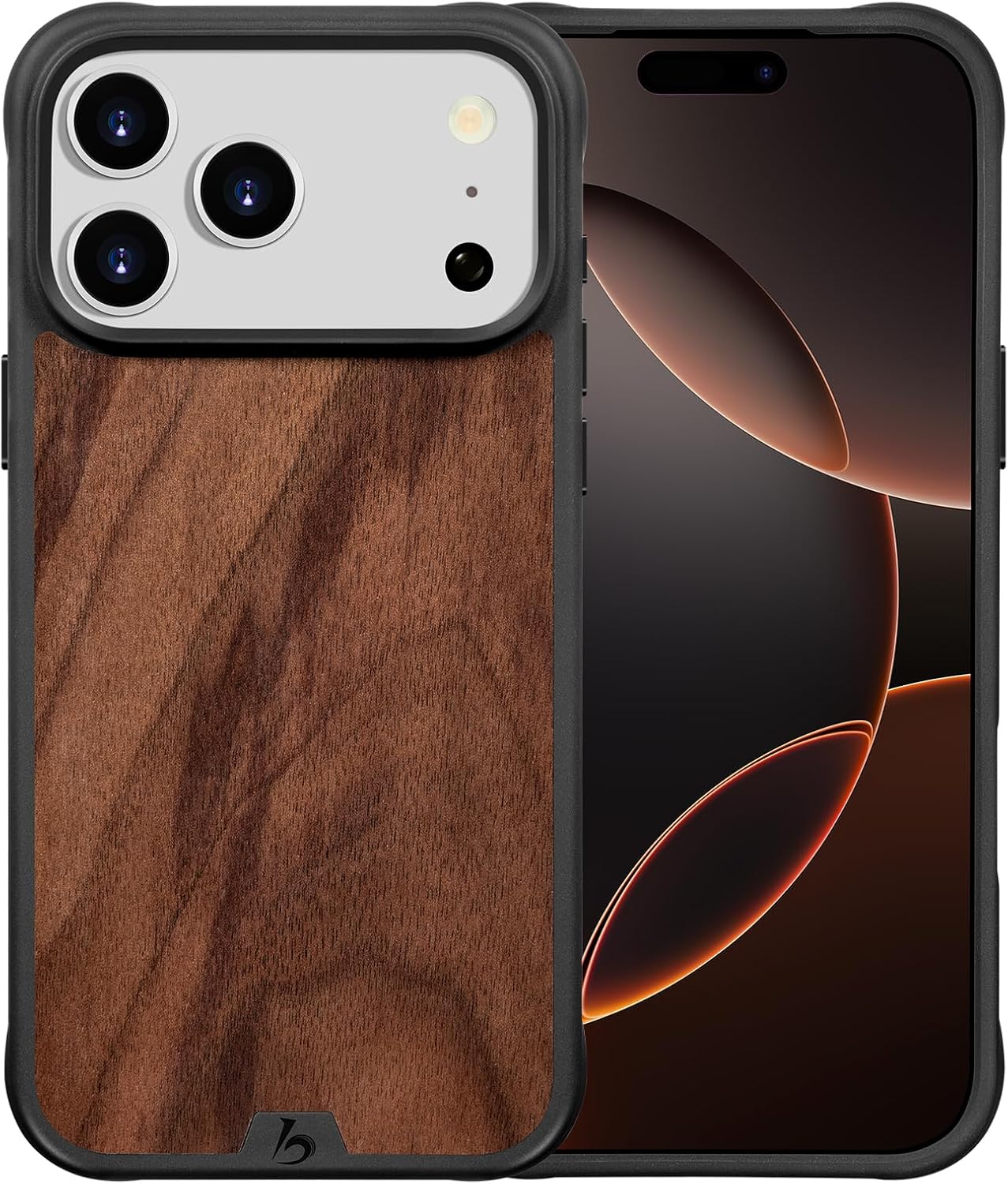 Belemay Real Walnut Wood Case for iPhone 17 Pro, Compatible with MagSafe Camera Control Button, Natural Grain Premium Feel, Grippy TPU Bumper with Air-Cushioned Corners, Metal Buttons, 6.3" Walnut