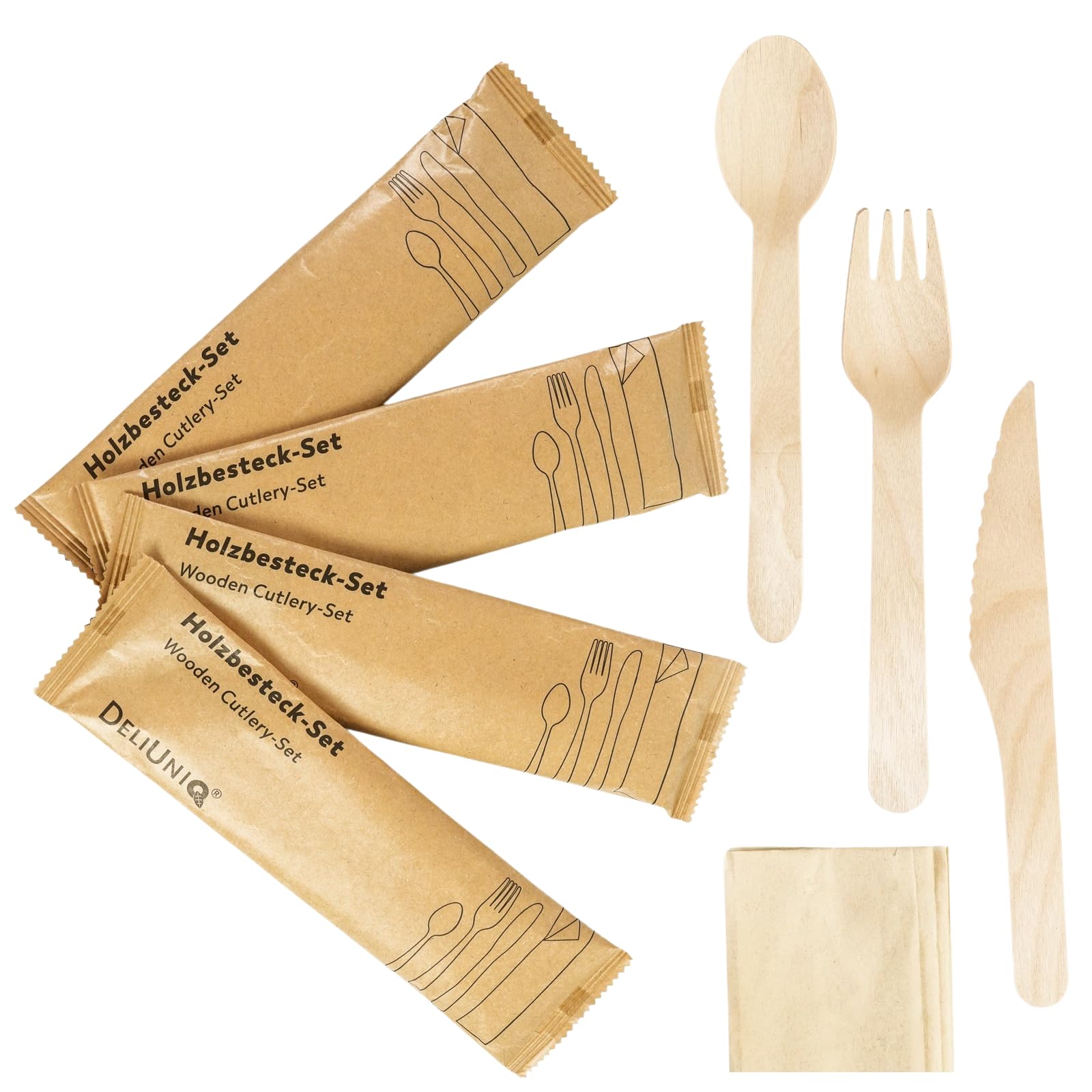 100 Holz-Besteckset – Gabel, Messer, Löffel & Serviette – umweltfreundliches nachhaltiges Besteck aus Birkenholz, Biologisch abbaubar, lebensmittelecht