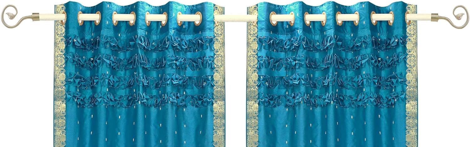 Indian Selections Lined-Turquoise Hand Crafted Grommet Sheer Sari Curtain Drape -43Wx96L-Piece