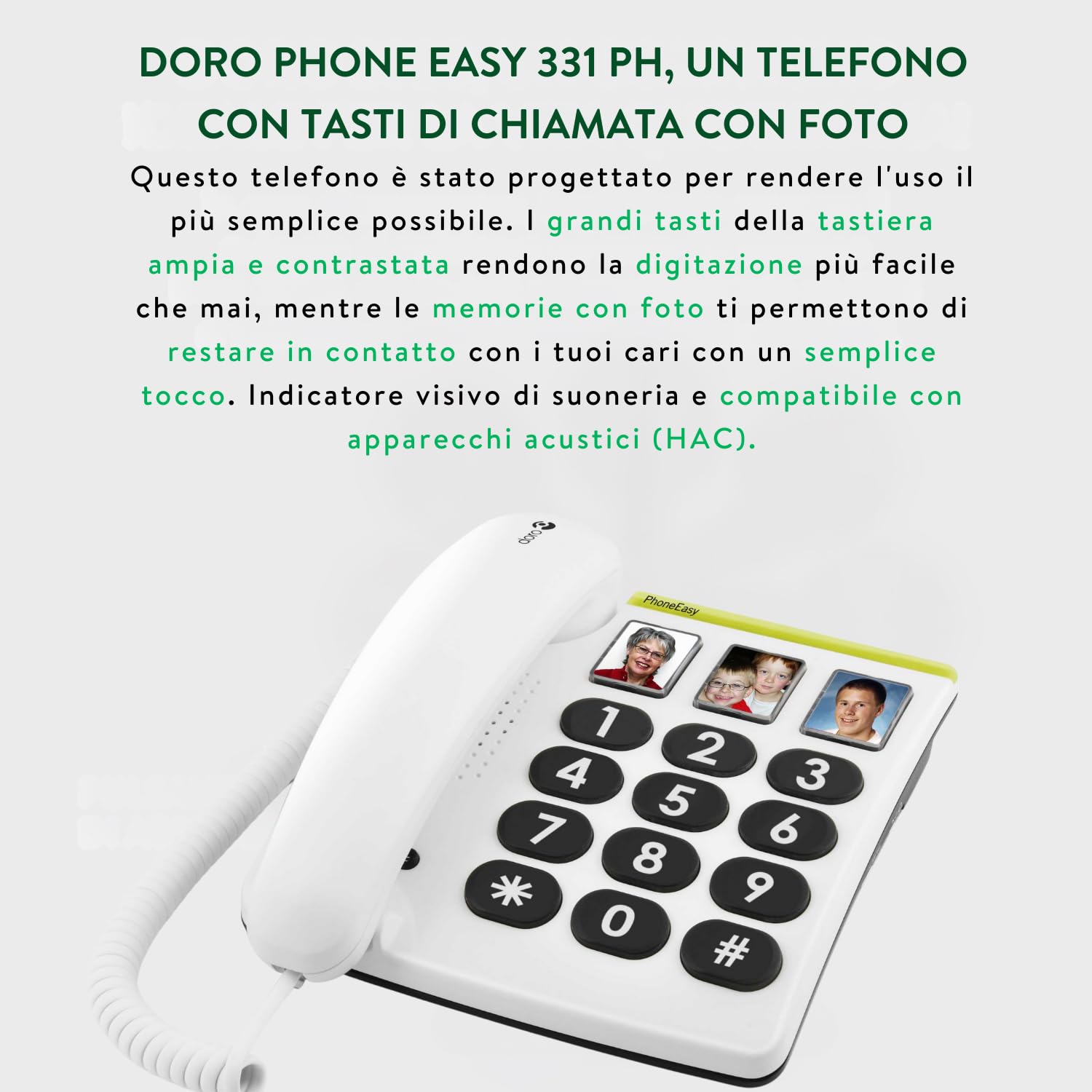 Doro PhoneEasy 331ph Telefono Fisso Casa per Anziani - Tasti Grandi - Volume Alto - LED Chiamate - 3 Tasti Chiamata Rapida con Foto - Compatibile Apparecchi Acustici (Bianco) [Versione Italiana]
