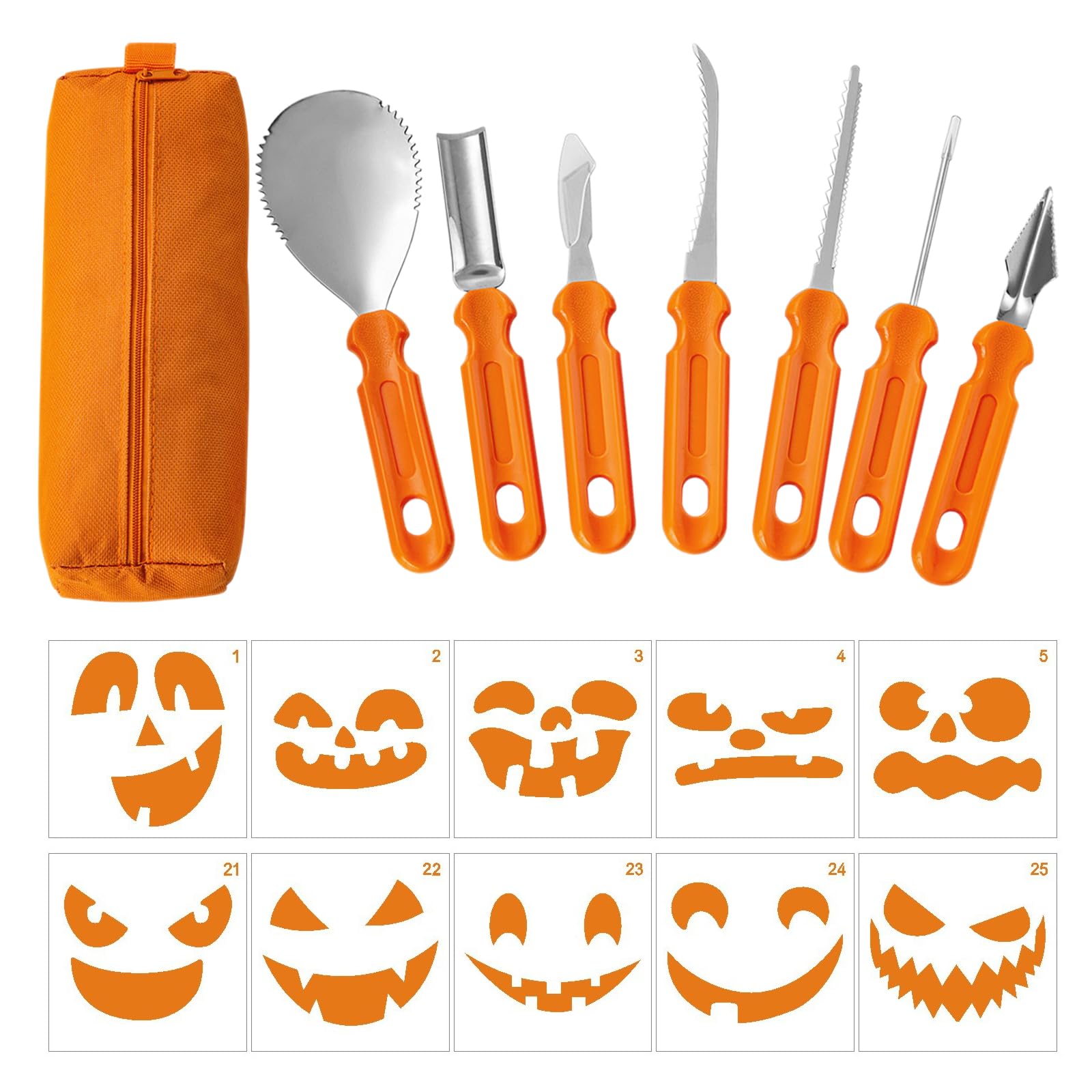 Zestaw do rzeźbienia dyni Halloween, 7 sztuk dyni do pielęgnacji dyni, zestaw do rzeźbienia ze stali nierdzewnej z torbą do przechowywania i 10 szablonami grawerowania