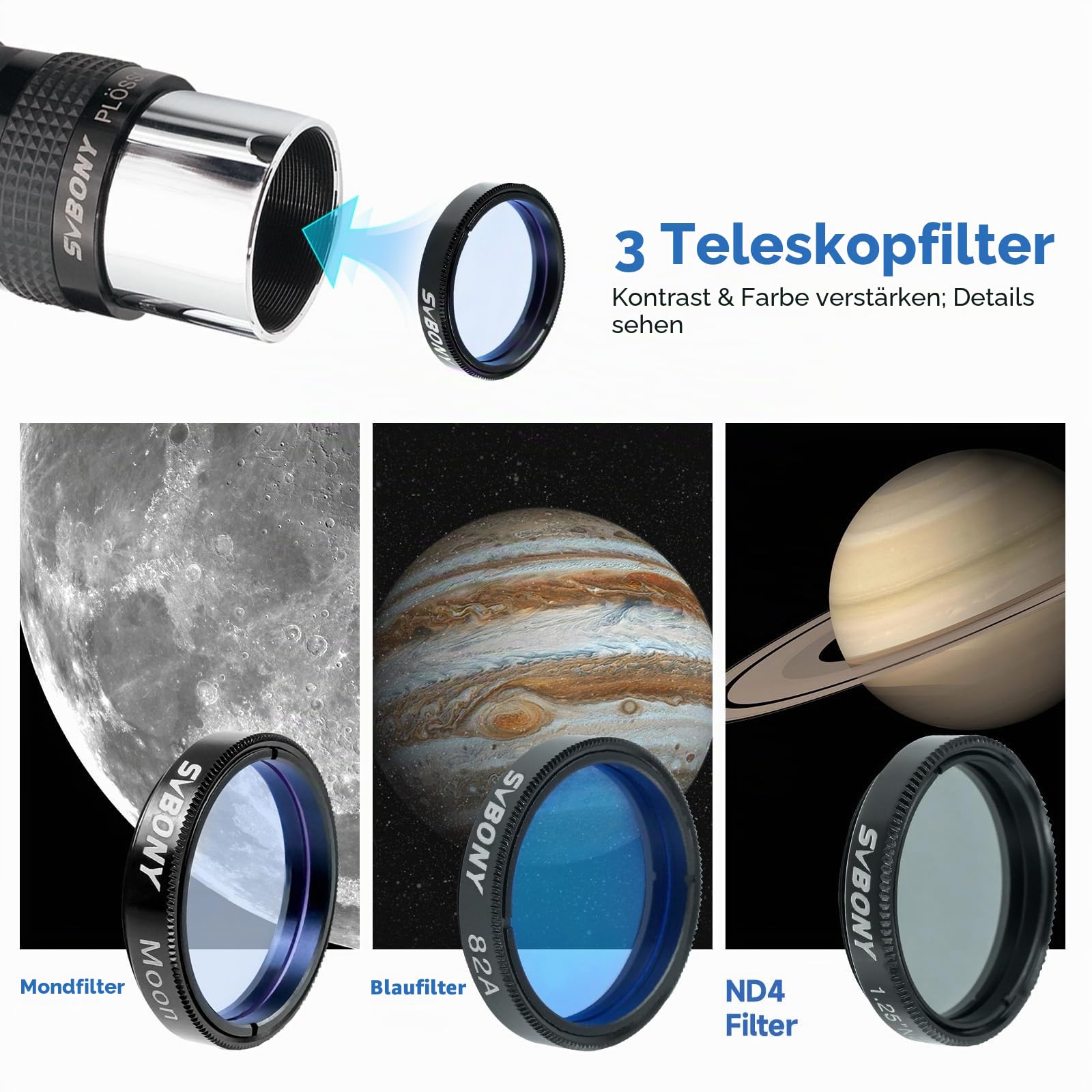 Svbony SV233 Okular Teleskop Set 6 mm 17 mm PLOSSL 2X Barlow Linse Mond ND4 82A Farb Filter Tasche