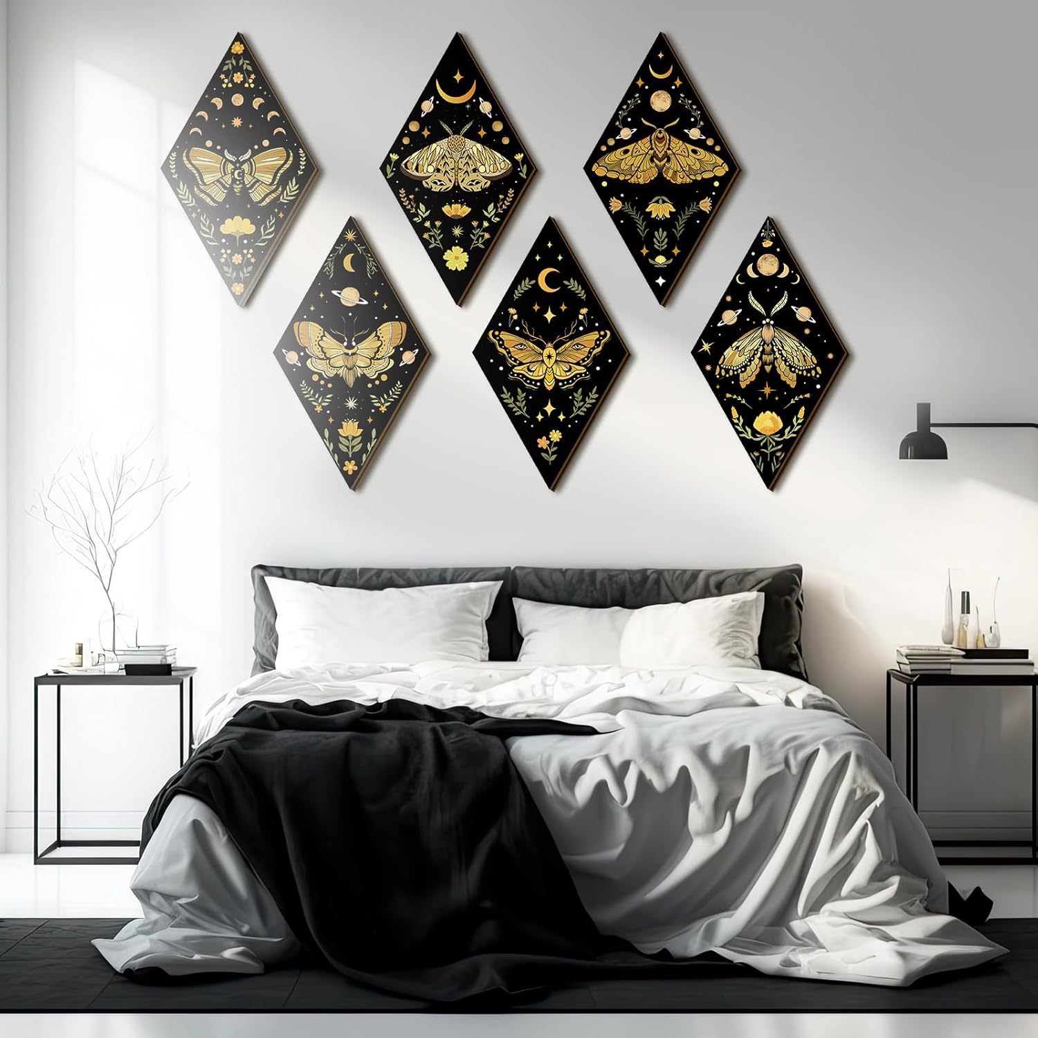 Sintuff 6 Pieces Halloween Gothic Wall Decor Boho Sun Moon Phases Wall Art Gothic Minimalist Stars Sun Hanging Wooden Home Decor Farmhouse Pediments for Gallery Living Bedroom Room(Moth)