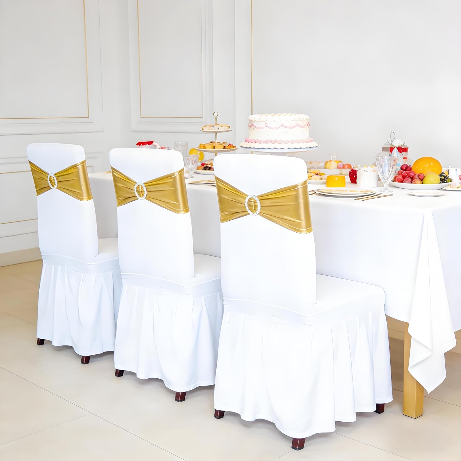 SquarePie 50 PCS Metallic Gold Spandex Chair Sashes - Shiny Stretch Bows with Buckle Slider - No-Tie Universal Elastic Chair Bands for Wedding Reception Party Banquet Event