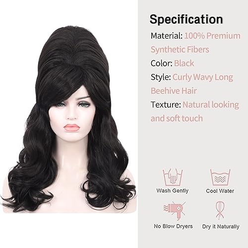 Miniatura 5 de Kalyss Peluca de colmena negra natural para mujer rizada ondulada larga resistente al calor pelucas de disfraz de cosplay negro natural