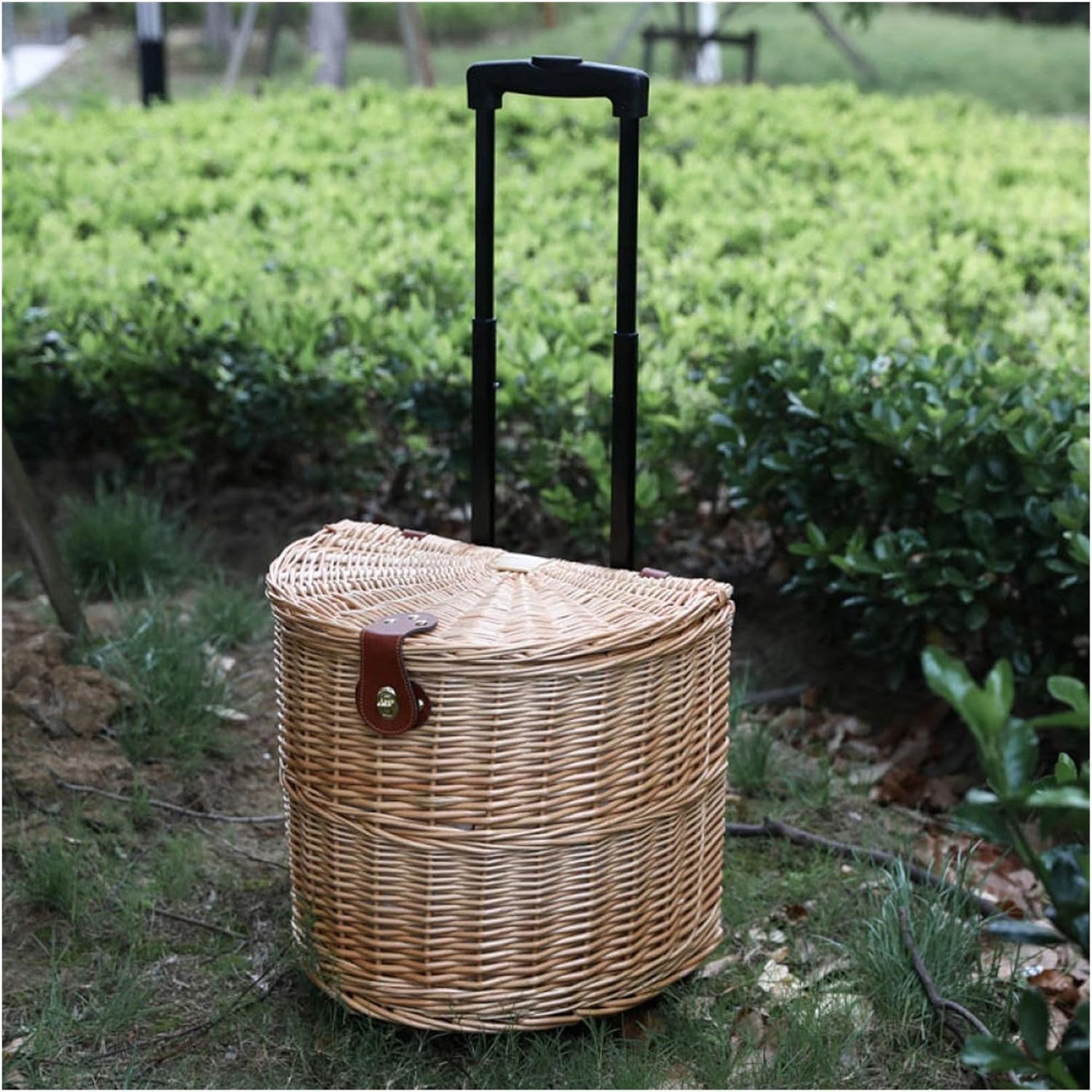 Rattan Trolley Picnic Basket Natural Wicker Woven Lunch Basket Family