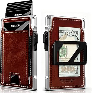 LORZOR Slim Tactical Wallet for Men- Minimalist Full Grain Leather Wallet for 10 Cards, RFID Blocking Aluminum Cardholder, Smart Pop Up Card Case, Front Pocket, Money Clip, Gift for Women Men
