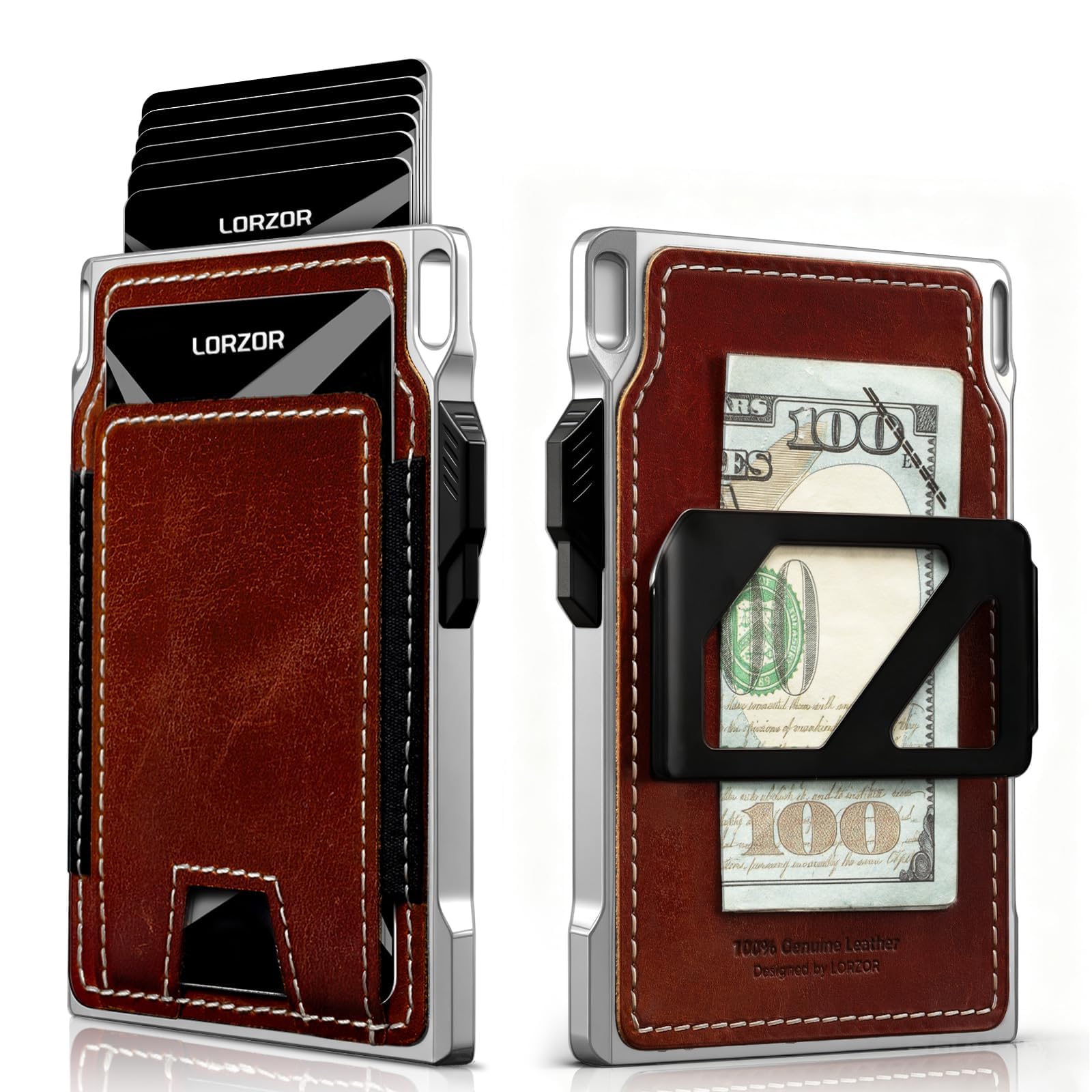LORZOR Slim Tactical Wallet for Men- Minimalist Full Grain Leather Wallet for 10 Cards RFID Blocking Aluminum Cardholder