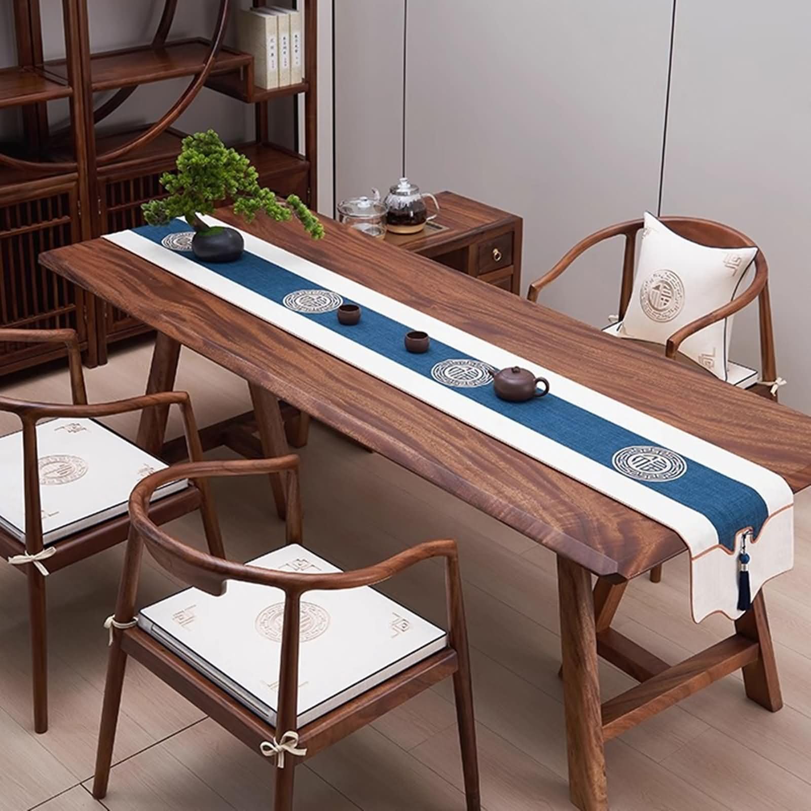 Runner da Tavola Beige Blu con Ricamo,Poliestere,33x270cm