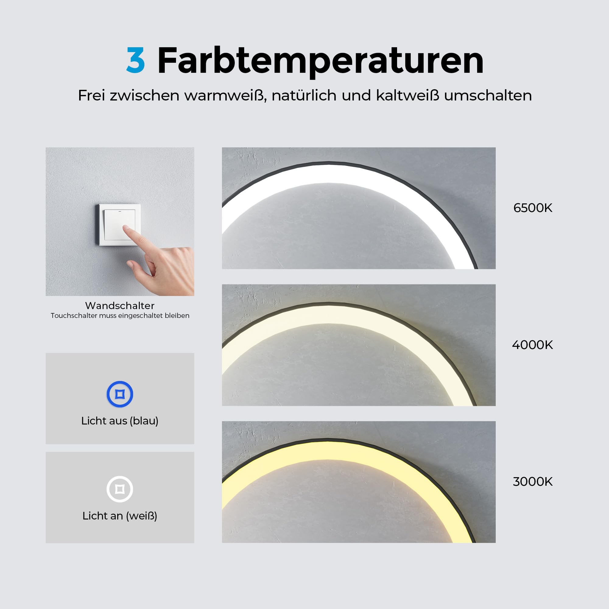 Heilmetz LED Badspiegel Ø 50 cm, 3 Lichtfarben dimmbar, Touch, Schwarz