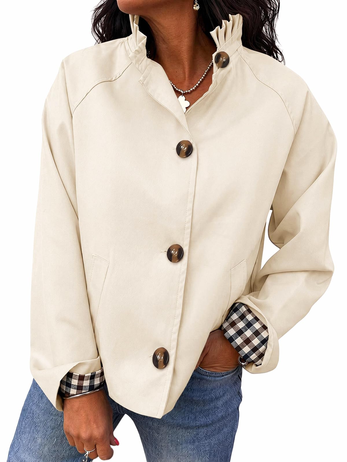 Cicy Bell Womens Ruffle Short Trench Coat Single Breasted Cropped Jackets