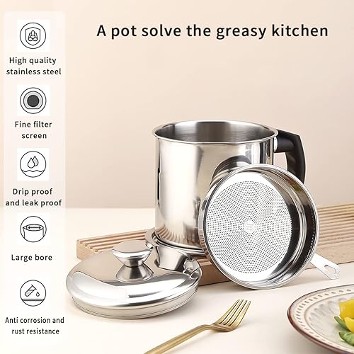 Miniatura 7 de Kyraton Contenedor de grasa de tocino con colador, recipiente de aceite de acero inoxidable de 48 onzas, almacenamiento de grasa con tapa, mango de