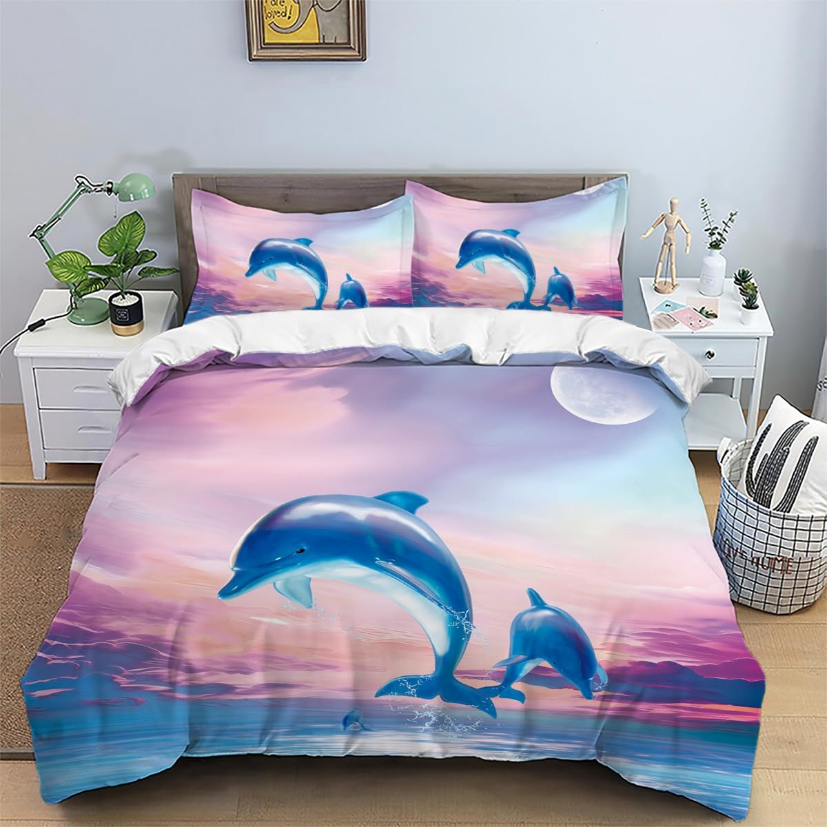 Housse de couette 240x260 dauphin bleu parure de lit 2 personnes microfibre avec fermeture éclair