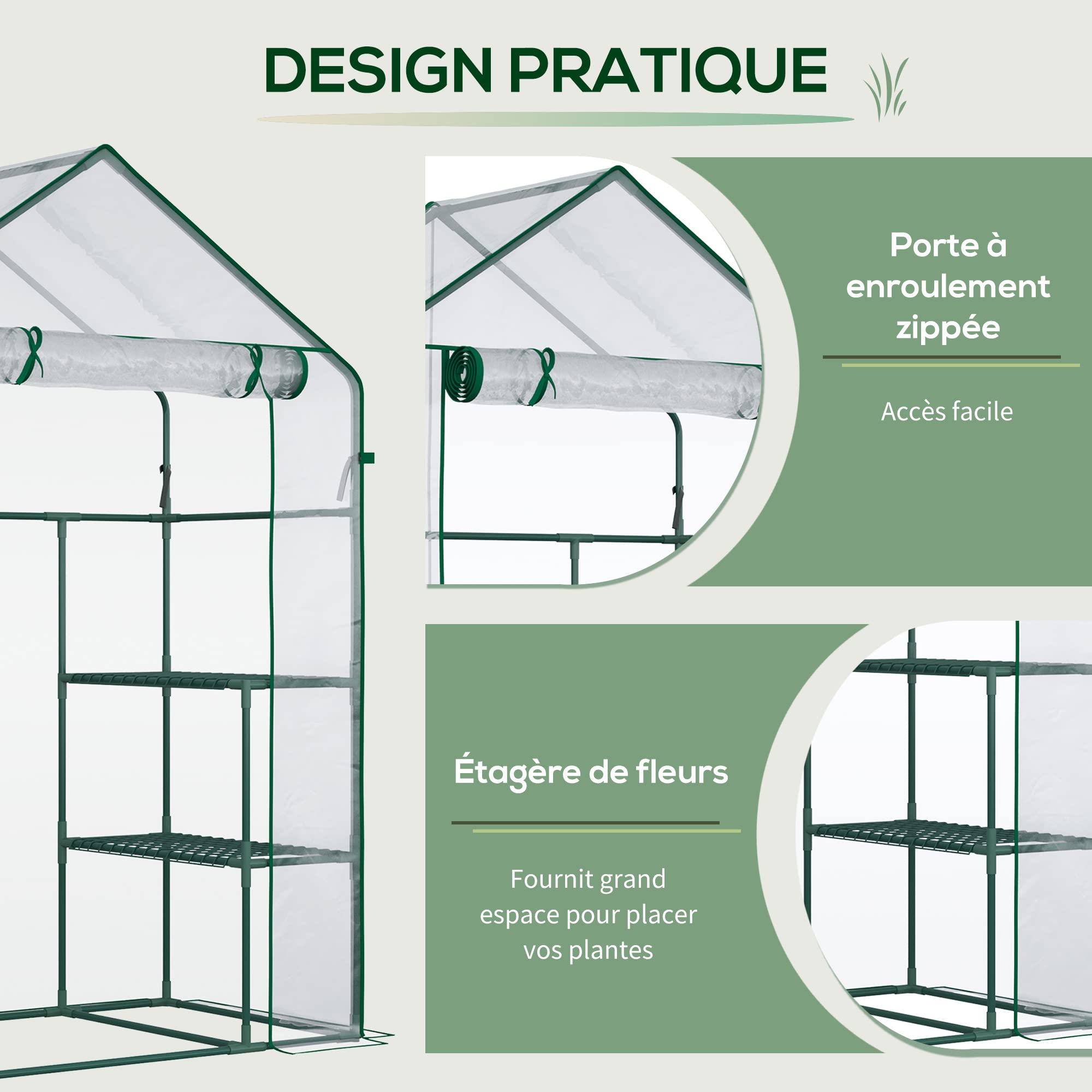 Outsunny Serre de Jardin avec étagère 4 Niveaux 142 x 73 x 195 cm Plastique Haute densité 140 g/m² Anti-UV avec Porte déroulante Transparent Vert