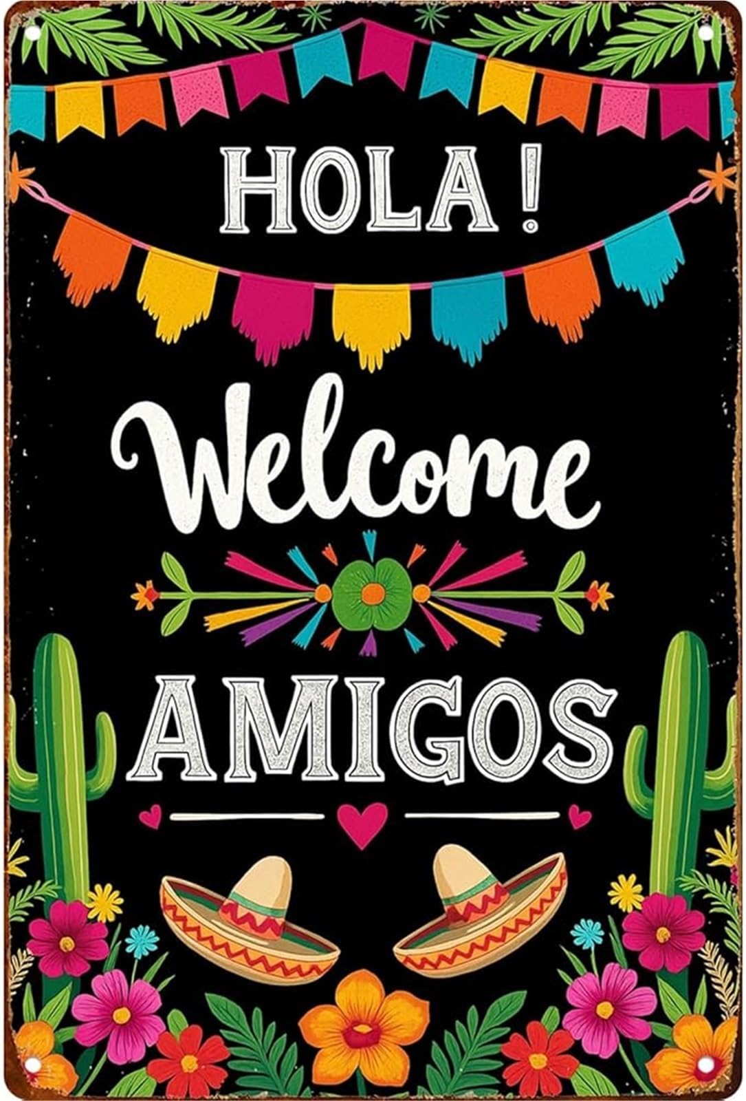 NWPNLXEA Humorous Spanish Greeting Metal Sign Hola Amigos Wall-Art for Entryway Kitchen Bar Home Decor 8 X 12 in