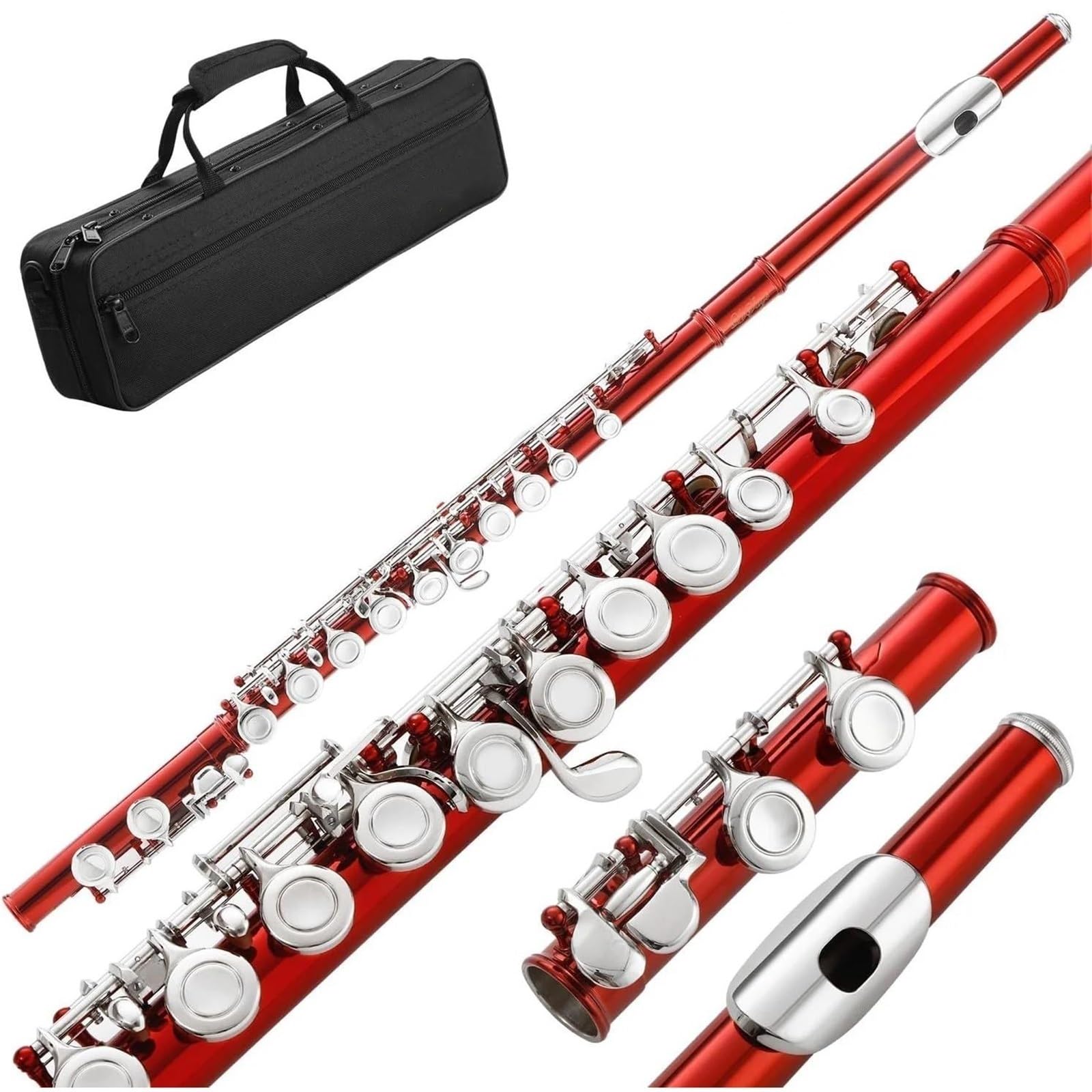 Profesional Flauta Flauta C Con Orificio Cerrado Instrumento De 16 Teclas Para Estudiantes Principiantes Con Kit Soporte Estuche De Transporte Guantes Y Varilla De Afinación(Red)