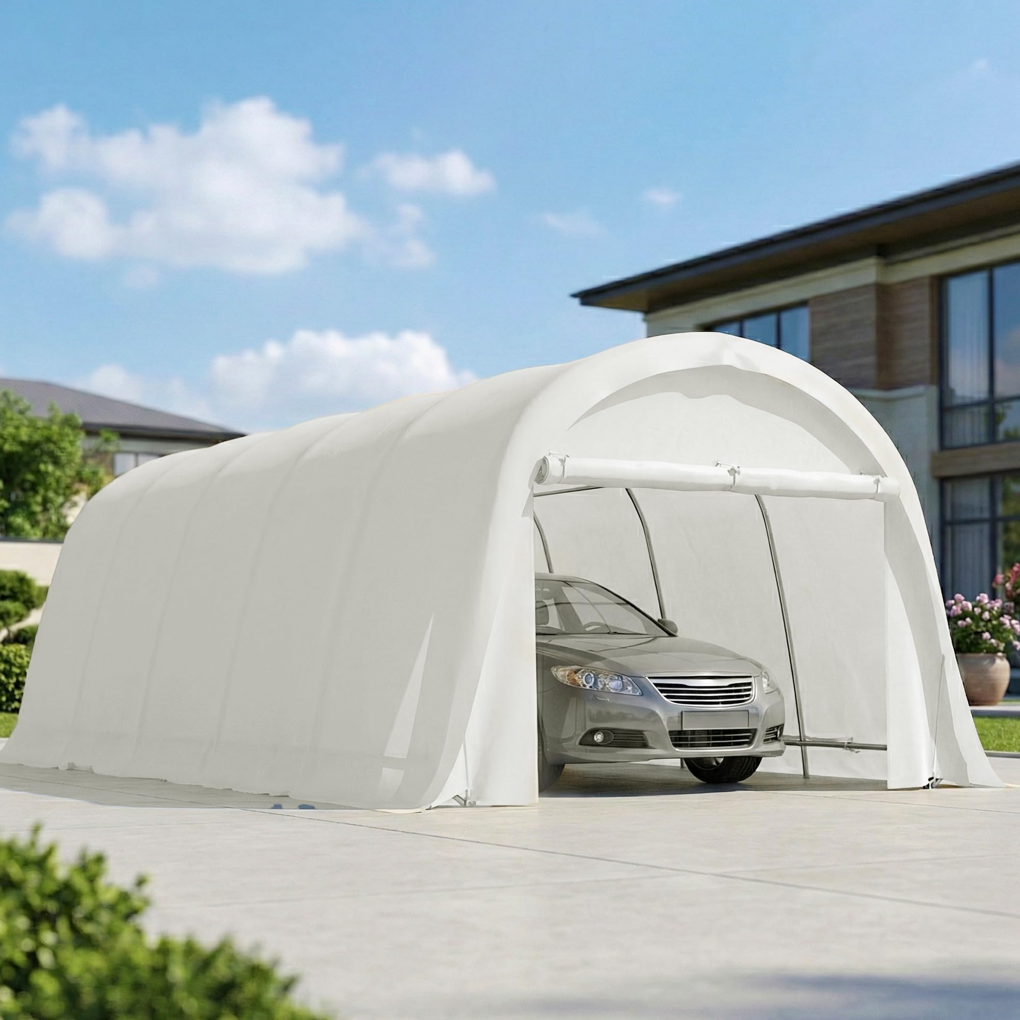 Outsunny Garage Auto per Esterno 3.6x7.2 m con Copertura PE, UV50+, Tettoia per Auto Telaio Zincato Porta Avvolgibile, Crema