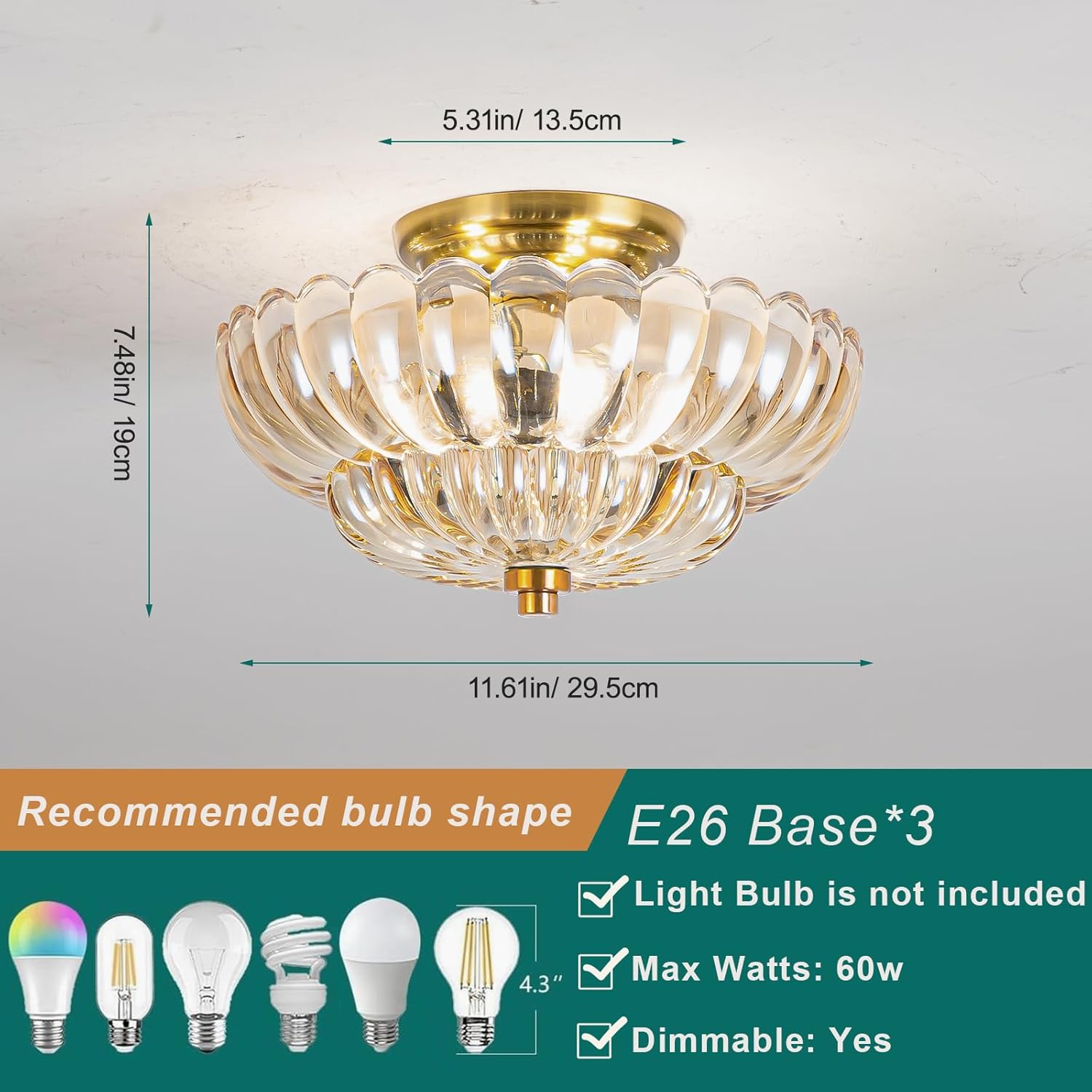 Modern Semi Flush Mount Ceiling Light, Amber Glass Hallway Ceiling Light Fixture, E26 Vintage Gold Close to Ceiling Light Fixture for Kitchen, Living Room, Porch, Entryway
