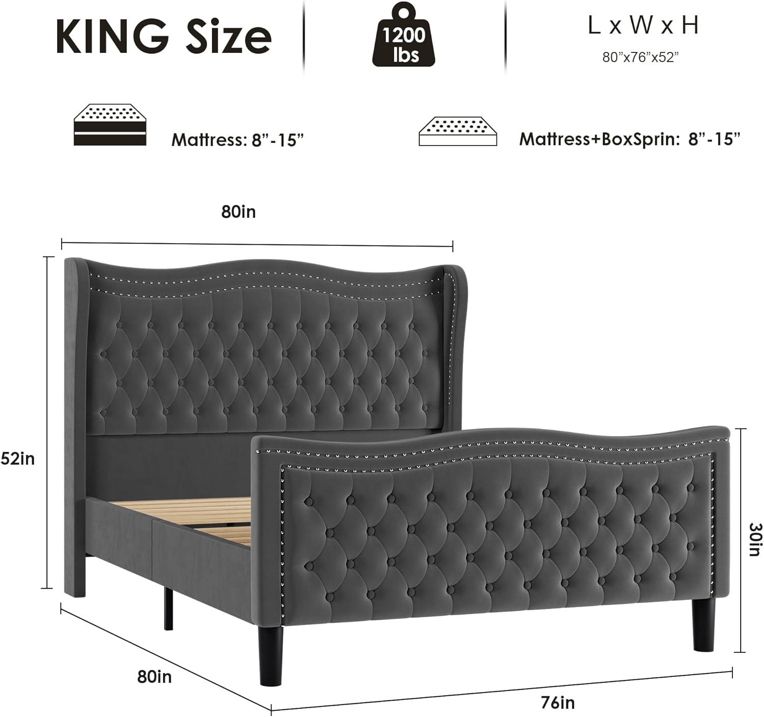 King Bed Frame with Tall Headboard & Footboard, Velvet Upholstered Platform Bed Frame with Deep Button Tufted Wingback, No Box Spring Needed, Noise Free, Grey - Image 2