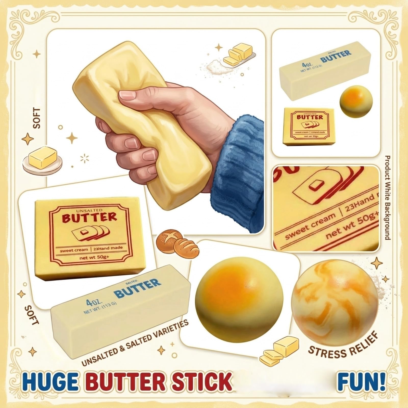 RMBLYfeiye Butter Squishy, Squeeze Cheese Stress Toy, Soft Butter Cheese Squishys Stress Relief Block - Image 6