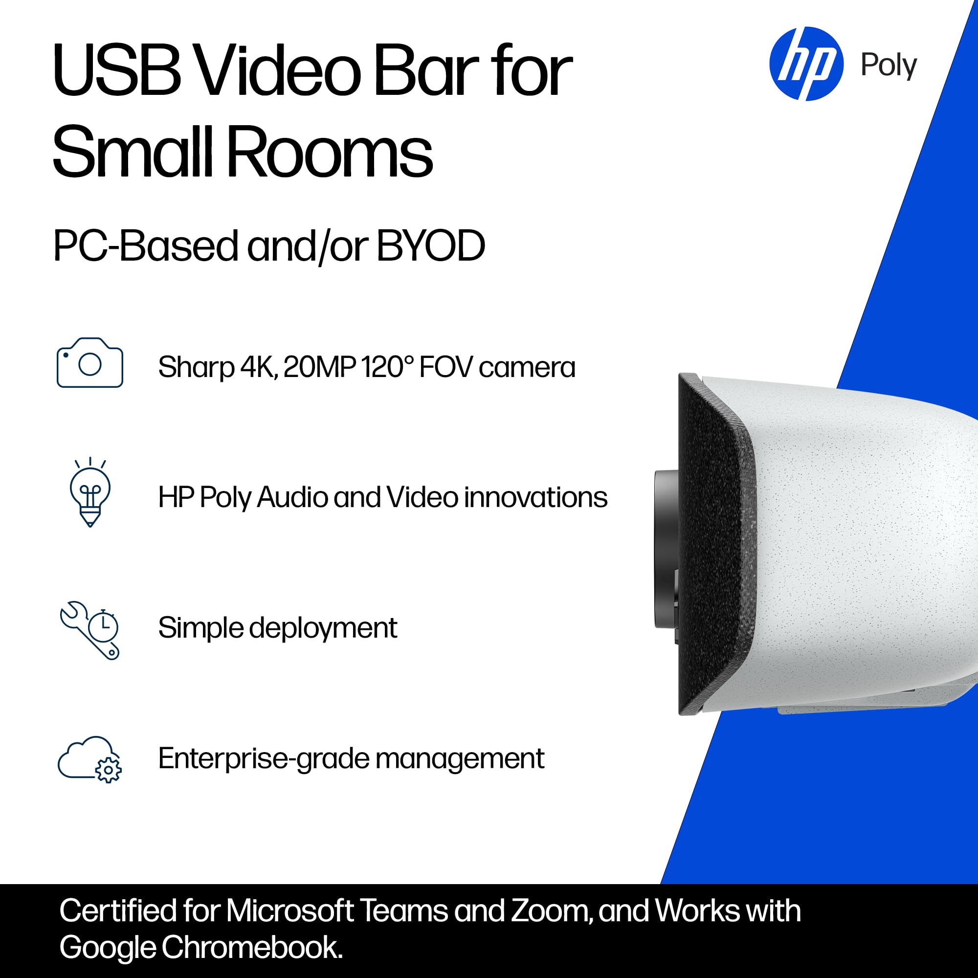POLY Studio V12 – bar wideo USB z kamerą 20 MP i szerokim kątem 120°, wielofunkcyjne rozwiązanie konferencyjne z mikrofonem i głośnikiem, do małych pomieszczeń konferencyjnych, kompatybilny z zoomem