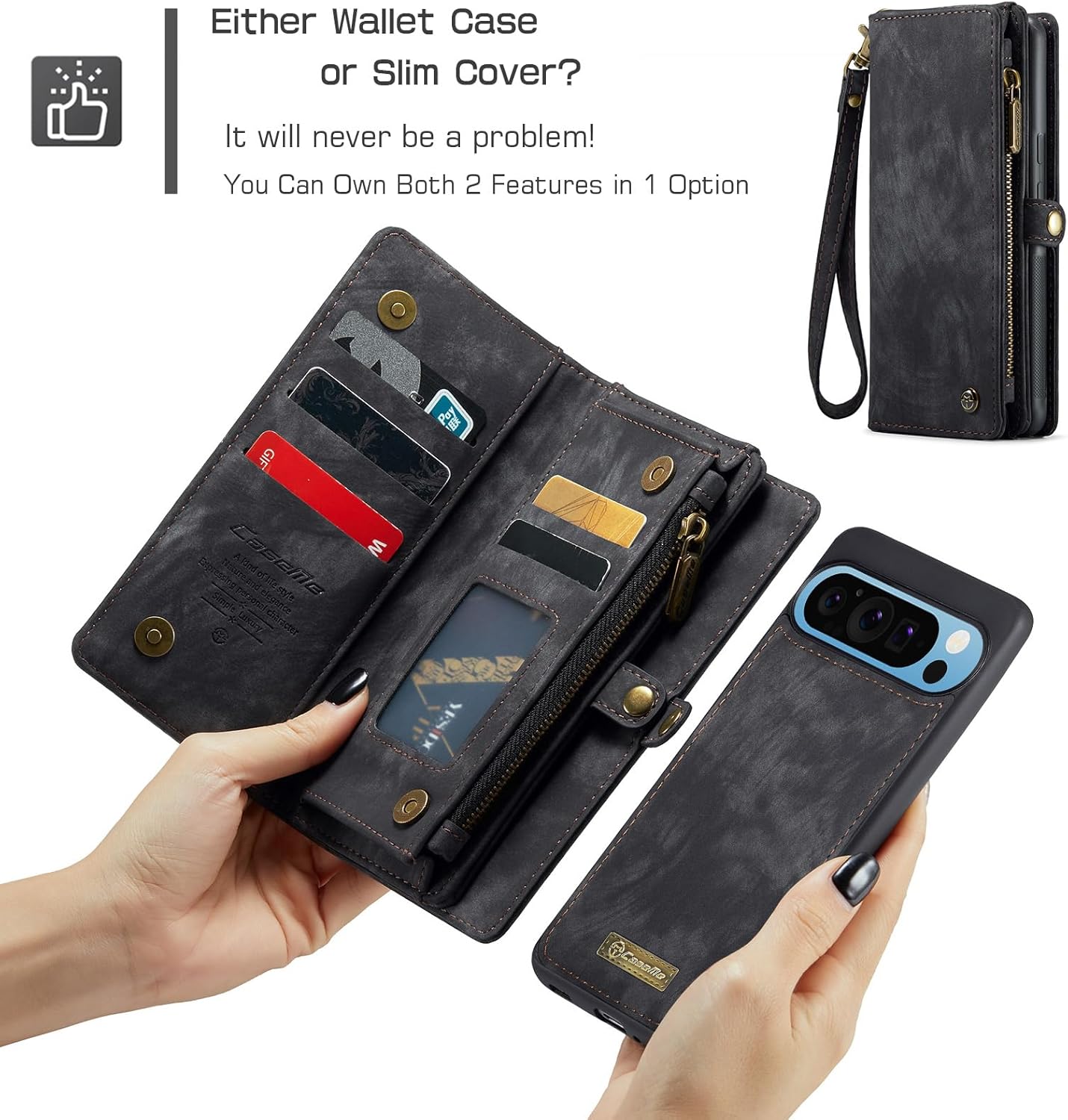 Pixel 9 Pro XL Case, Wallet Style Magnetic Detachable 2-in-1 Leather Cover for Google Pixel 9 Pro XL Case with Card Slots, Shockproof, Zipper Purse, Wireless Charging, Kickstand Holder, Black