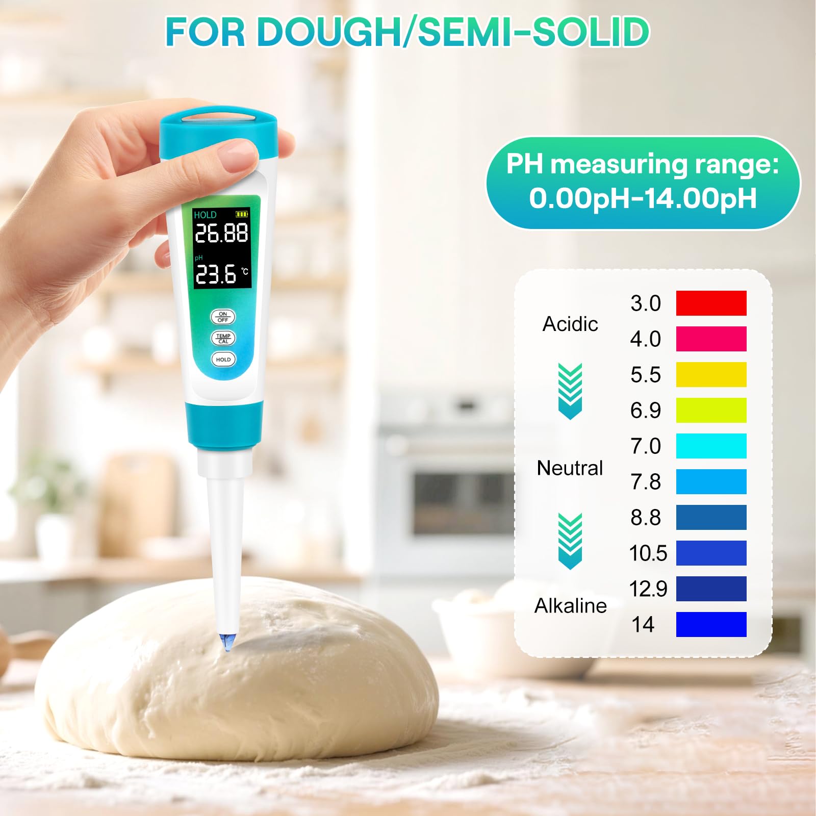 pH Mètre Alimentaire, Testeur de pH pour Substances semi-solides & liquides, avec affichage LCD °C/°F, pH Mètre Alimentaire Testeur pour Pâte à Pain et Levain