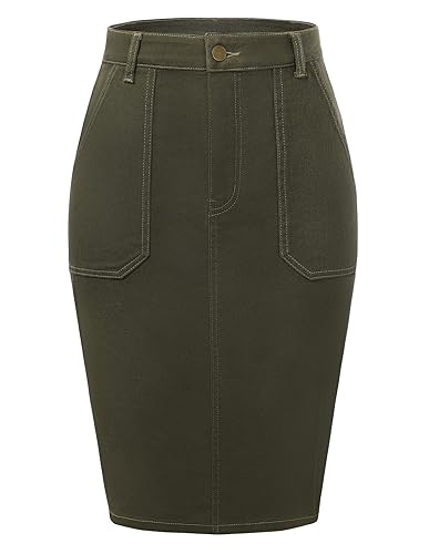 Belle Poque Women's Denim Skirt Stretchy High Waisted Below Knee