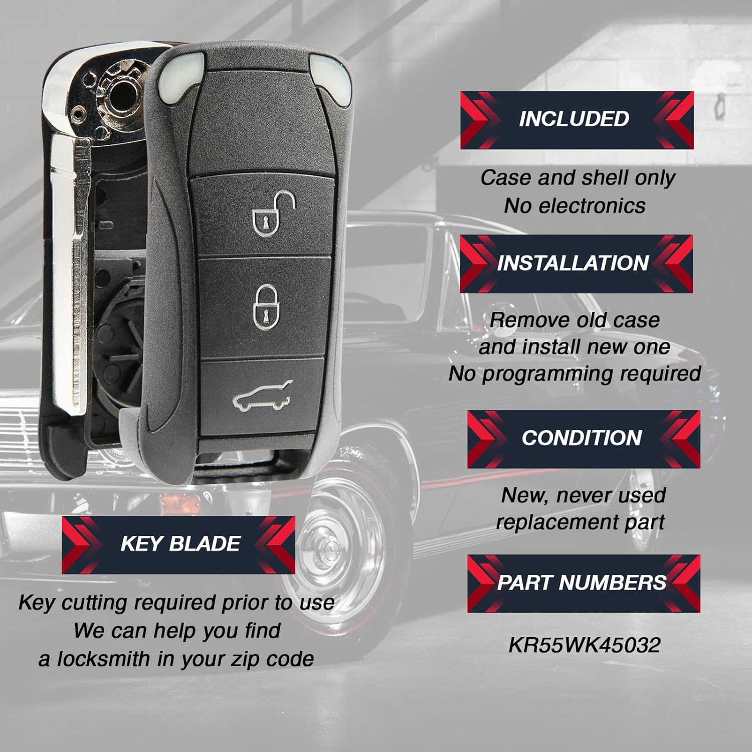 Key Fob Keyless Entry Flip Remote Uncut Shell Case & Pad fits Porsche 2003-2011 Cayenne, Set of 2 - Image 4