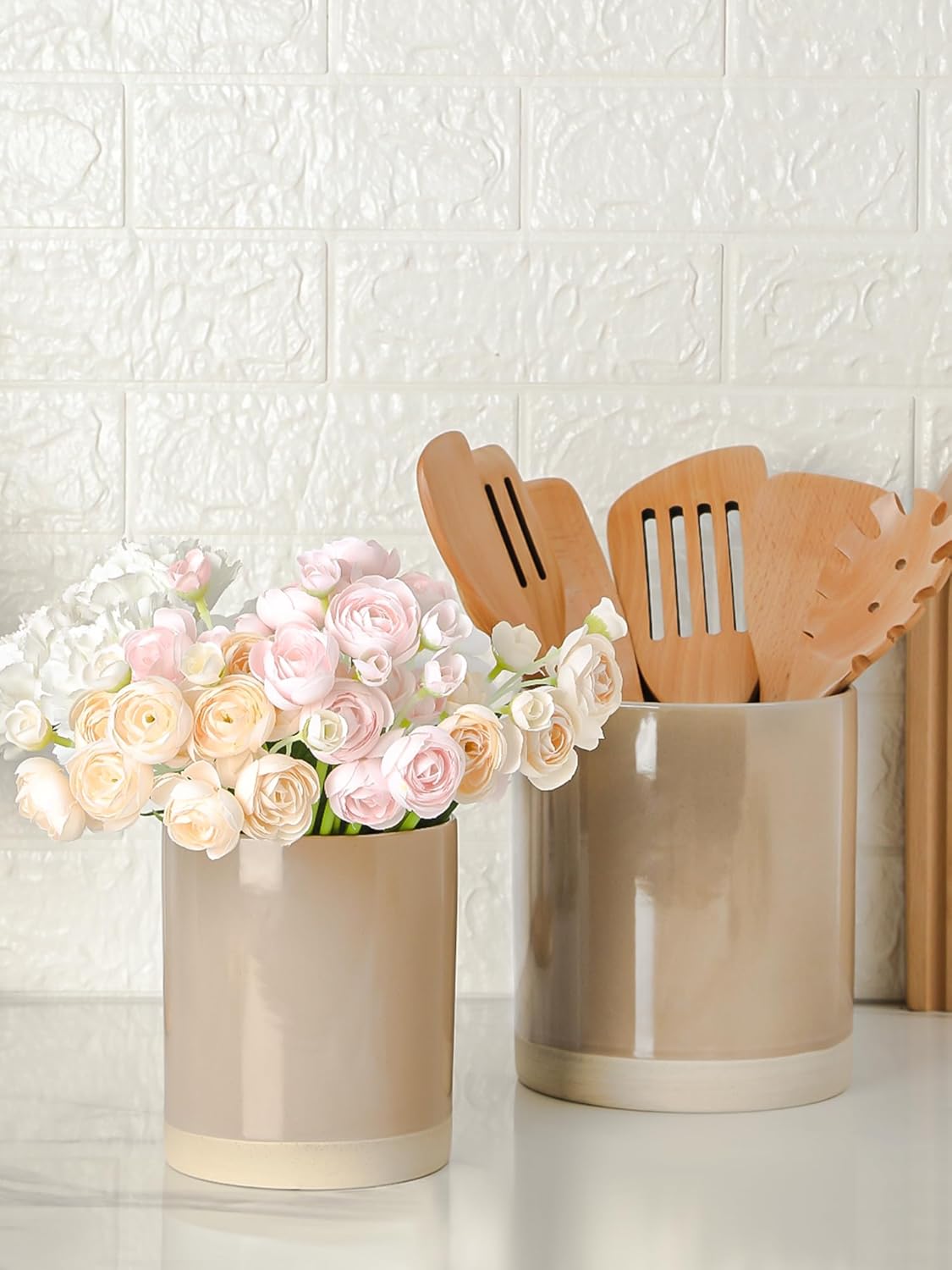 famiware Kitchen Utensil Holder for Countertop and 16oz Ceramic Olive Oil Dispenser Bottle