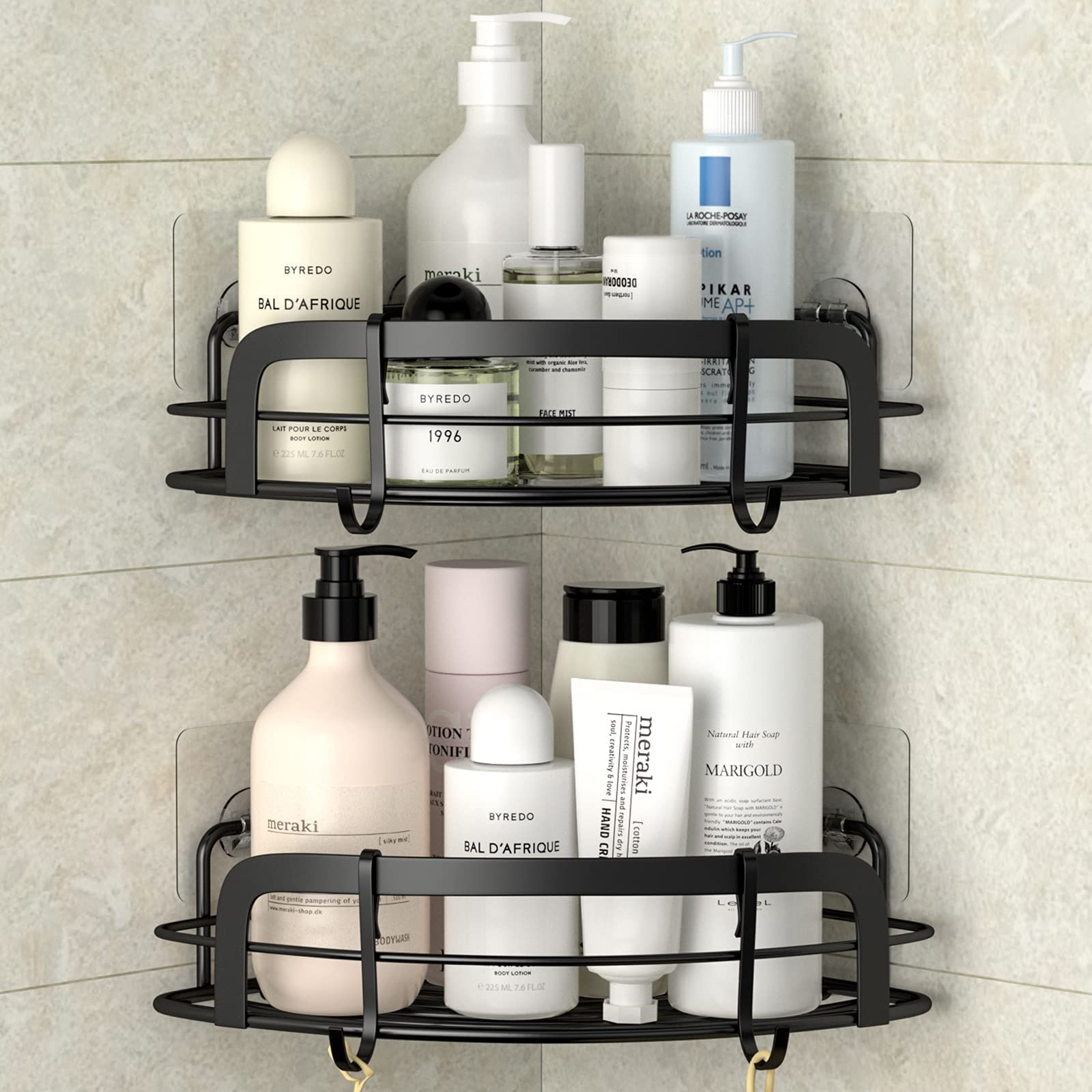 STEUGO Black Corner Shower Caddy Adhesive Shower Shelf US304 Stainless Steel Shower Wall Caddy Drill Free Corner Shelves with 4 Hooks Bathroom Corner Storage Organizer, 2 Pack