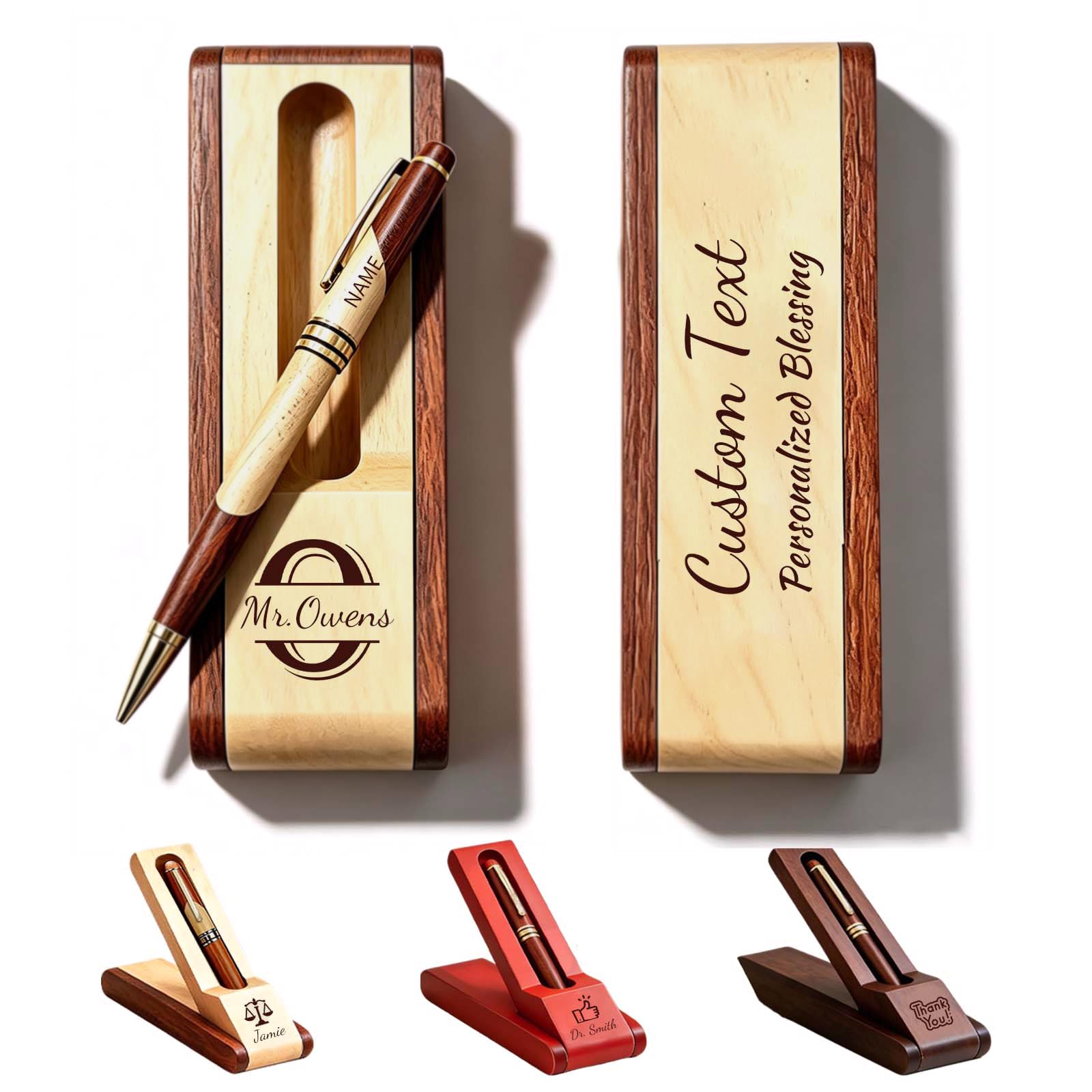 KBPTM Personalised Engraved Wooden Ballpoint Pen Gift Set, Custom Folding Storage Box with Customised Black Gel or Fountain Pen for Business Teacher Graduate,Multicolor