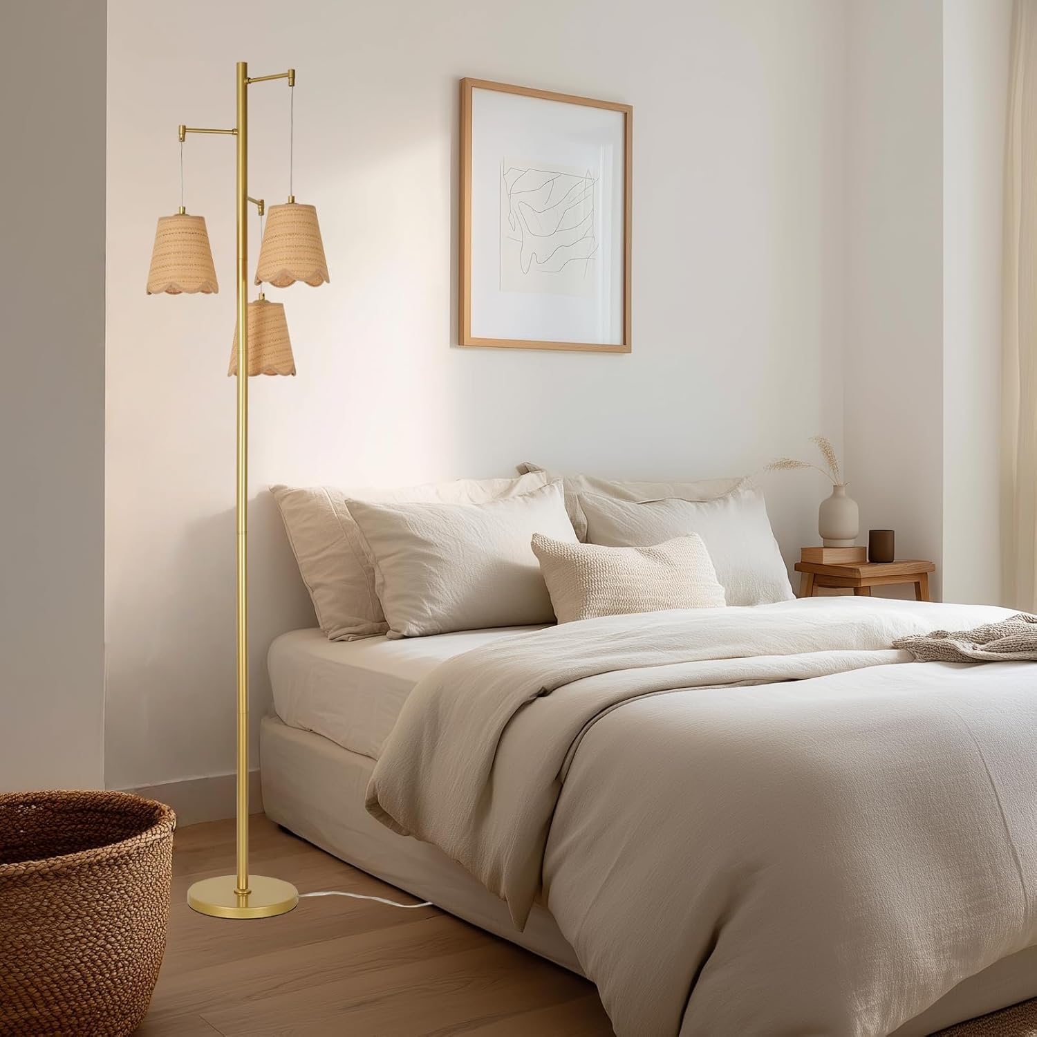 Boho Rattan Floor Lamp, 3-Lights Tree Tall Standing Lamp with Flower Shades Antique Brass Brush Paint Finish for Dining Room, Living Room, Bedroom