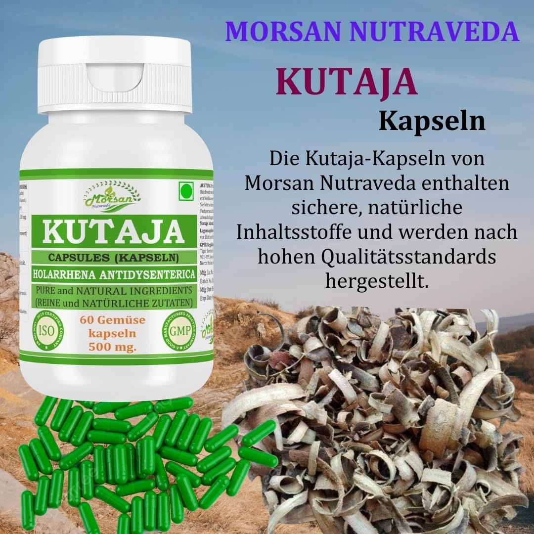 Kutaja (Holarrhena Antidysenterica) Extrakt mit 10:1 Stärke, 500 mg x 60 vegane Kapseln | Ayurvedisches Kräuterergänzungsmittel für Männer und Frauen (1 Flasche mit 60 Kapseln)