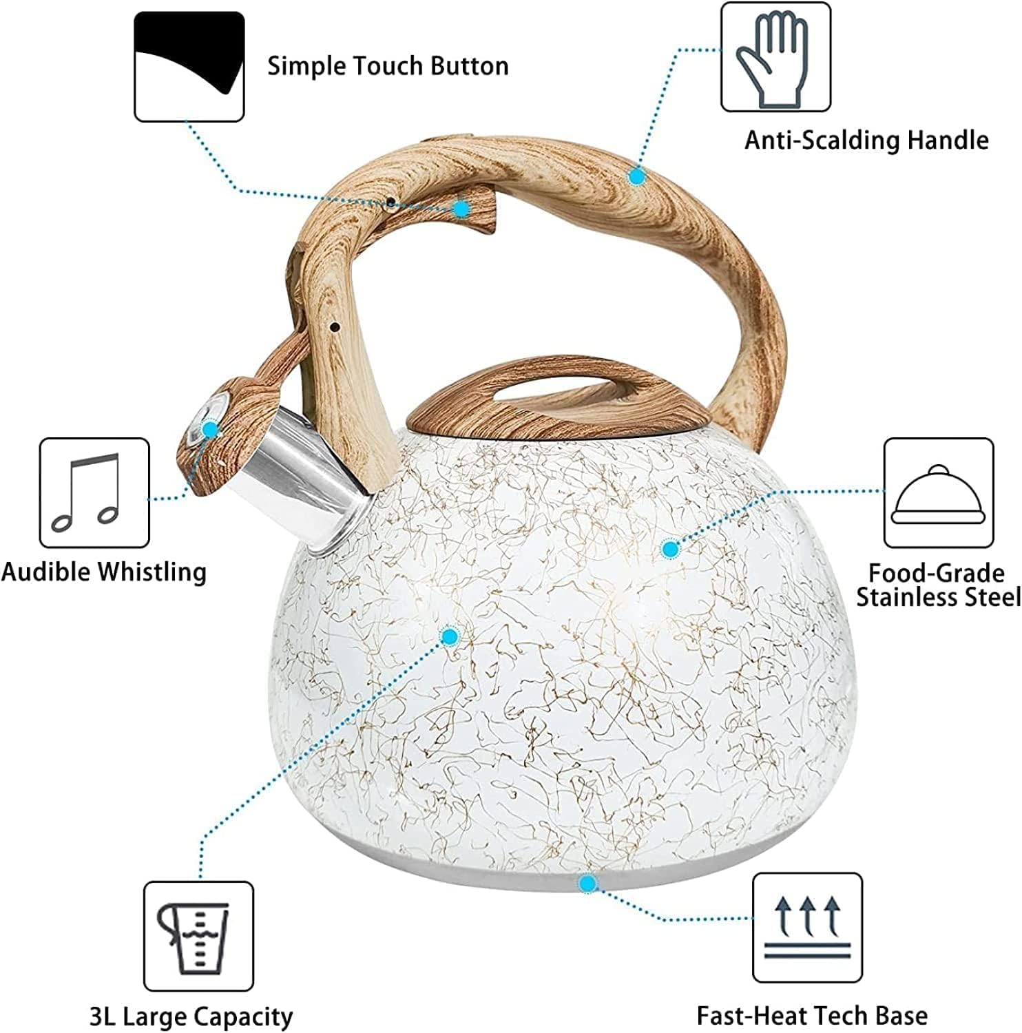 ティーケトルストベトップステンレススチールストーブトップホイッスルケトルとケトルの上にガスストーブ誘導調理器用の木製穀物アンチスカル