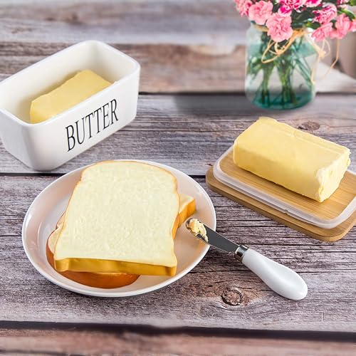 Miniatura 7 de Hasense Mantequillera con tapa de bambú y cuchillo, contenedor grande de 22.0 onzas para mantequilla para encimera, soporte hermético con cubierta