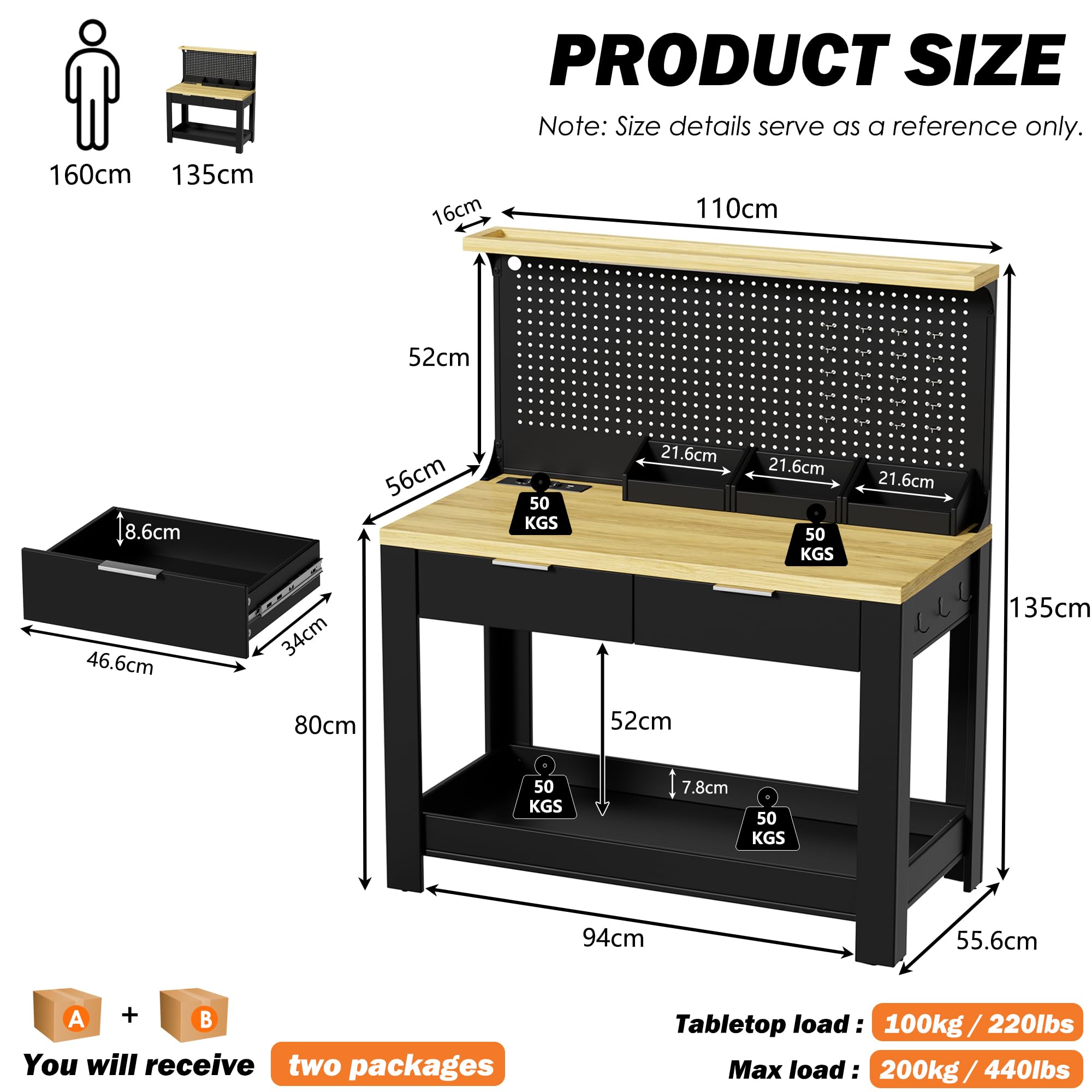 Etabli d’Atelier avec Lampe de Travail LED et Prise Intégrée Établi Polyvalent avec 2 Tiroirs, Panneau Arrière Perforé Établi de Travail Multifonction pour Entrepôts Bricolage 56x110x135CM Max. 200KG