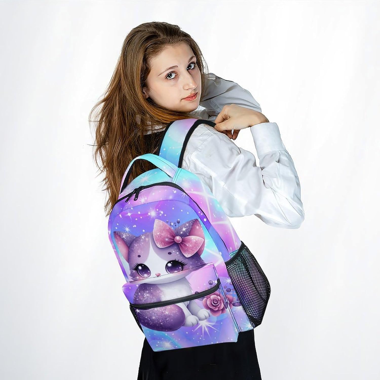 School Backpack, Cat Backpacks for Girls, Kids Bookbag for Kindergarten Primary, 17 Inch Toddler Schoolbags, Durable, Large Capacity