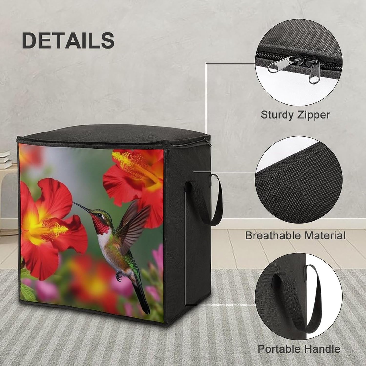 Quilt Storage Bag,Hummingbirds Red Flower Hibiscus Printed Large Foldable Storage Container Portable Travel Storage Bag for Blankets, Quilts, Clothes, Comforter, Bedding And Pillows
