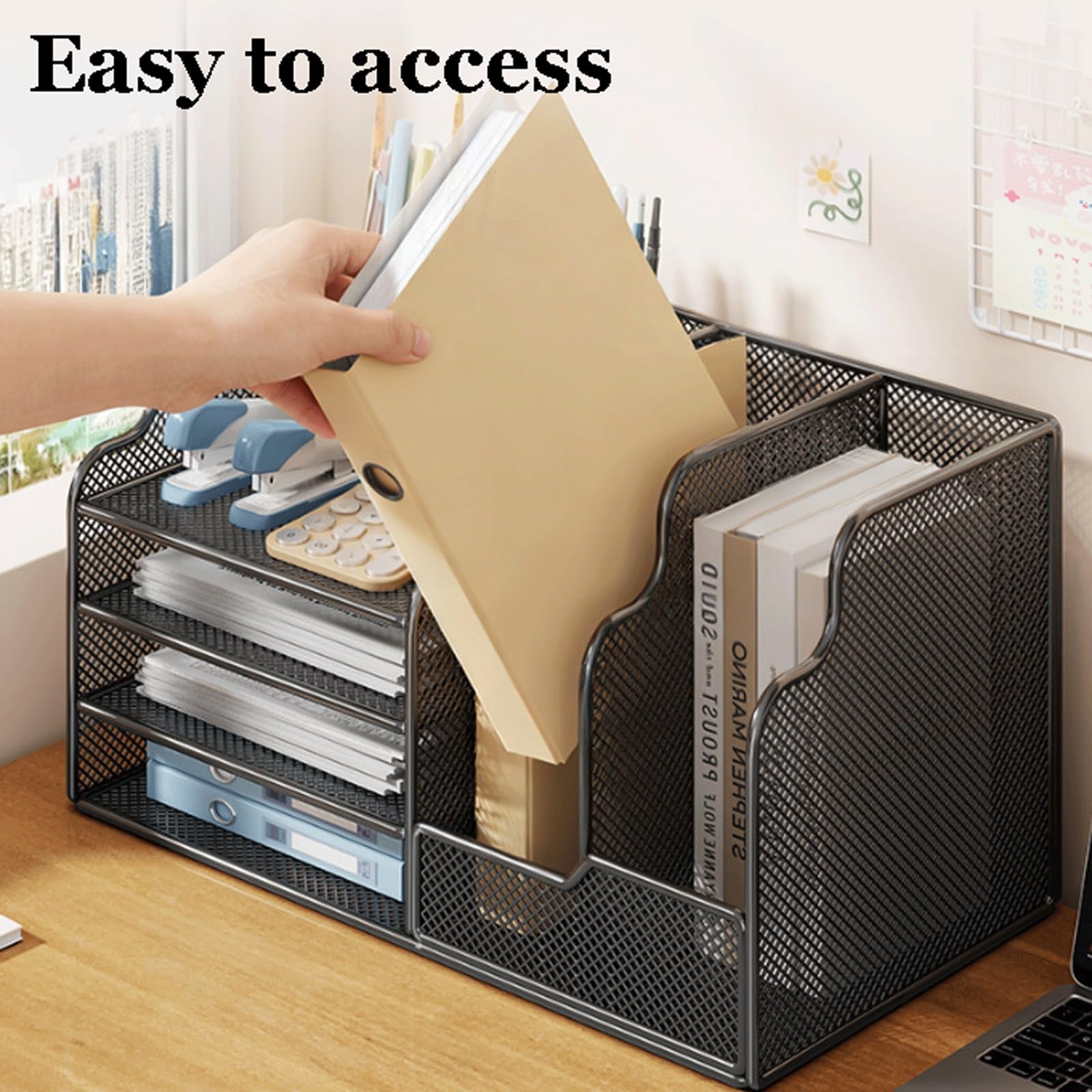 Organizador de escritorio de malla con soporte vertical para archivos, Organizador de Bandeja con revistero para el almacenamiento de artículos de oficina y documentos(White)