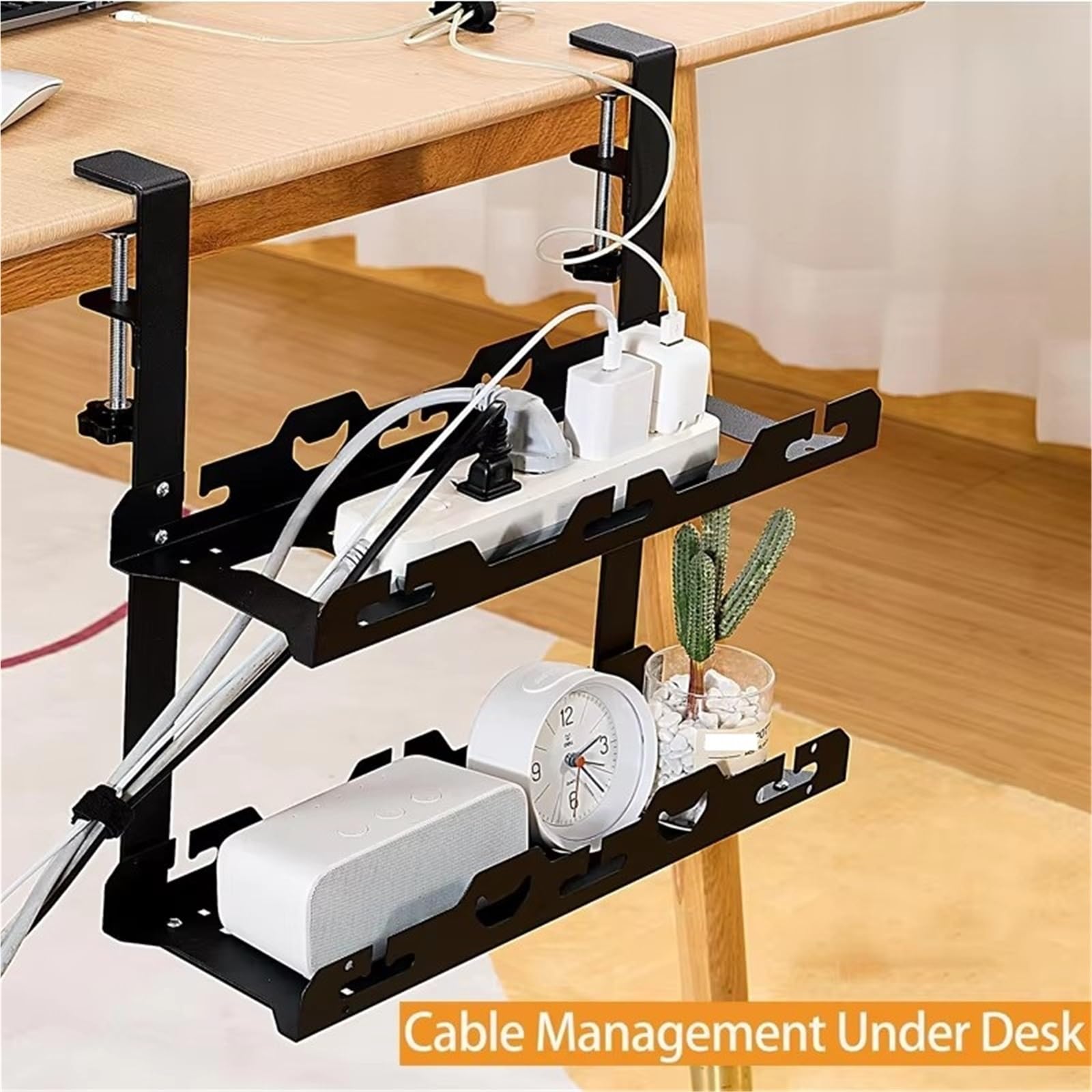 Vassoio Portacavi Scrivania Nessuna perforazione estensibile sotto la scrivania Gestione dei cavi Vassoio porta in ​​metallo con morsetto Portacavo retrattile for ciabatta(Double retractable)