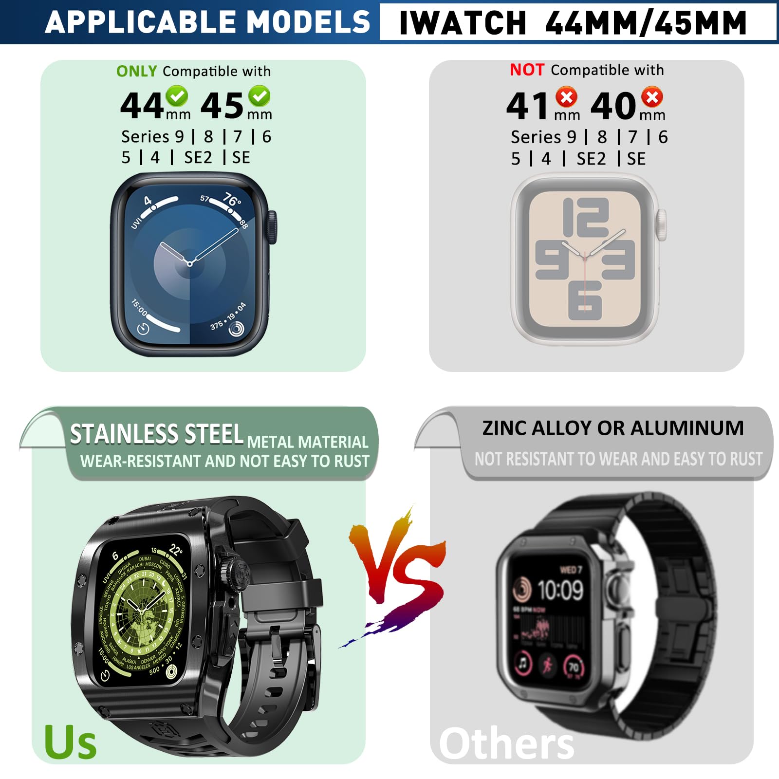 Premium Watch Band Compatible with Apple Watch Series 9/8/7/SE2/6/5/SE/4, Stylish, Durable, and Enhanced Protection for Your Device - Metal iWatch 44mm/45mm Protective Case (iWatch 44/45 Case, Black)