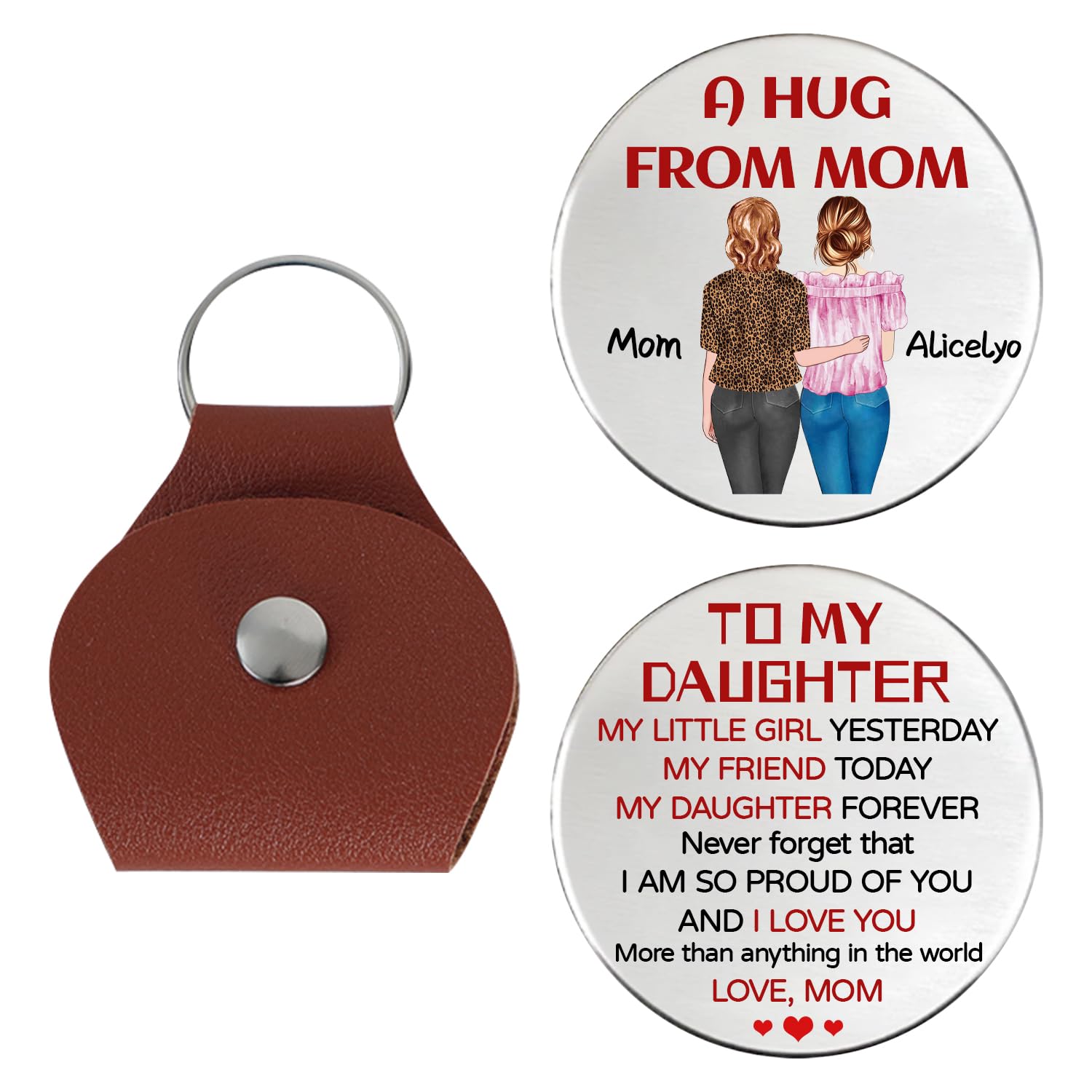 KKIIOEXX A Hug From Mom Keychain,Personalized Leather Pocket Hug Token Keychain,Custom Keychains with Portrait Name,To My Daughter Gifts From Mom