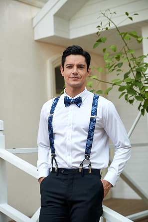 HISDERN Suspenders for Men Paisley Floral Self Tied Bow Tie and Suspender Pocket Square Sets Adjustable Wedding Braces
