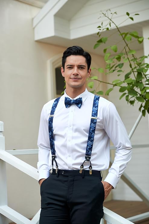 HISDERN Suspenders for Men Paisley Floral Self Tied Bow Tie and Suspender Pocket Square Sets Adjustable Wedding Braces